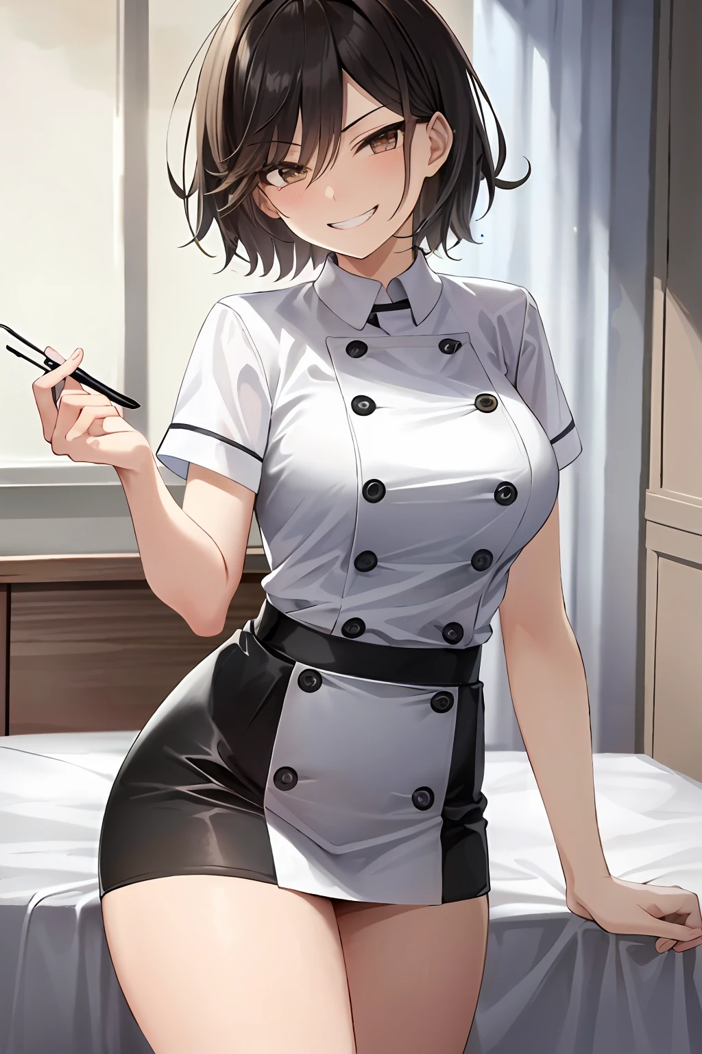 Masterpiece, top quality, high resolution, masterpiece, adult woman in one, evil grin, evil smile, evil plan, black hair, white nurse clothes, short hair, brown eyes, mini skirt, hospital room, needle