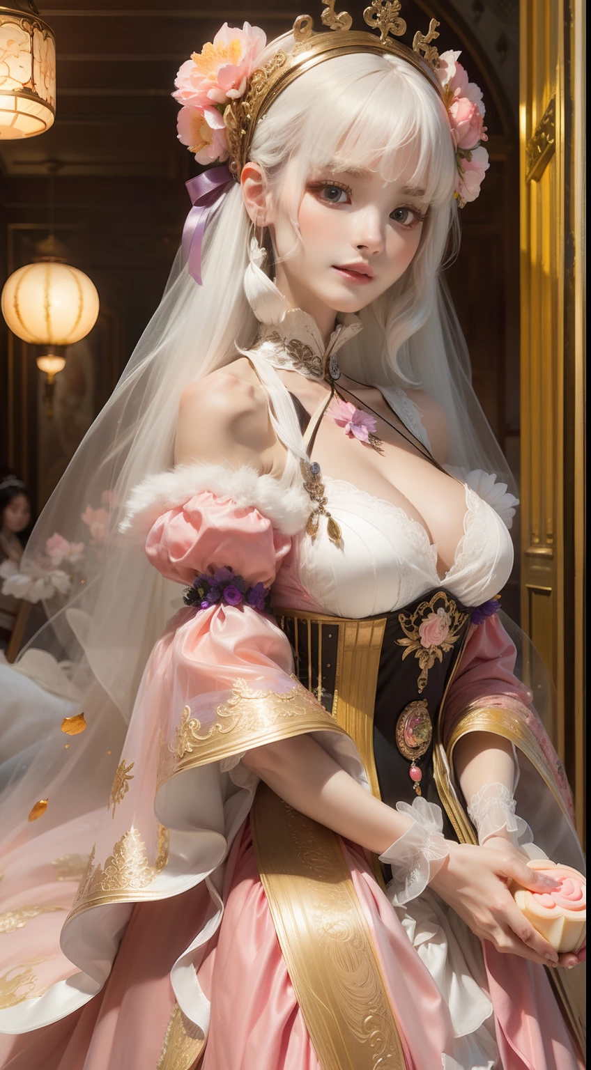 The highest quality, masterpiece, exquisite CG, white hair antique girl holding mooncake, delicate and complex hair accessories, wearing exquisite and gorgeous pink and purple costumes, highlight, withering peach blossom petals, absolutely beautiful, charming, perfect, ultra-clear, 16k, HD