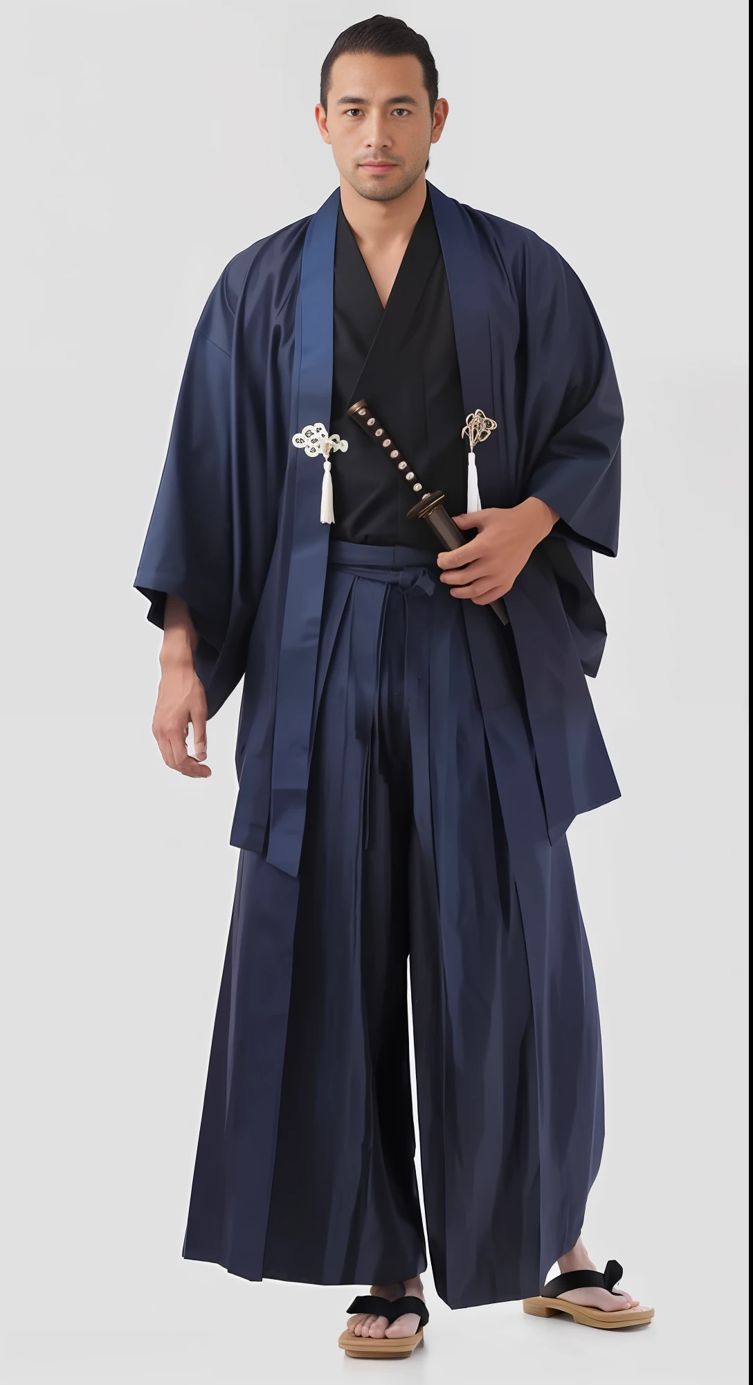 arafed man in a blue kimono standing with his hands in his pockets, inspired by Yamamoto Shōun, yasuke 5 0 0 px models, hakama kimono, samurai outfit, intricate hakama, wearing hakama, samurai style, inspired by Kanō Sanraku, inspired by Sesshū Tōyō, yukata clothing