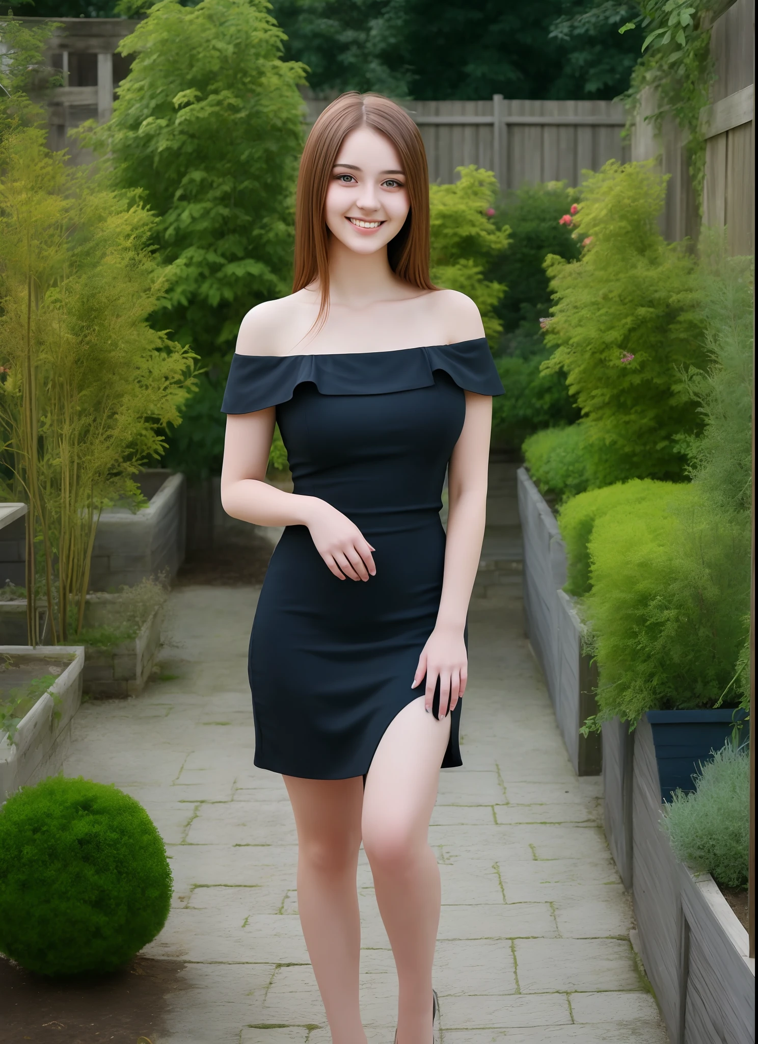 Best quality, masterpiece, ultra high res, (photorealistic:1.4), raw photo, 1girl, beautiful 27 year old woman, large breasts, black mini dress, off one shoulder, detailed garden, glowing skin, smile