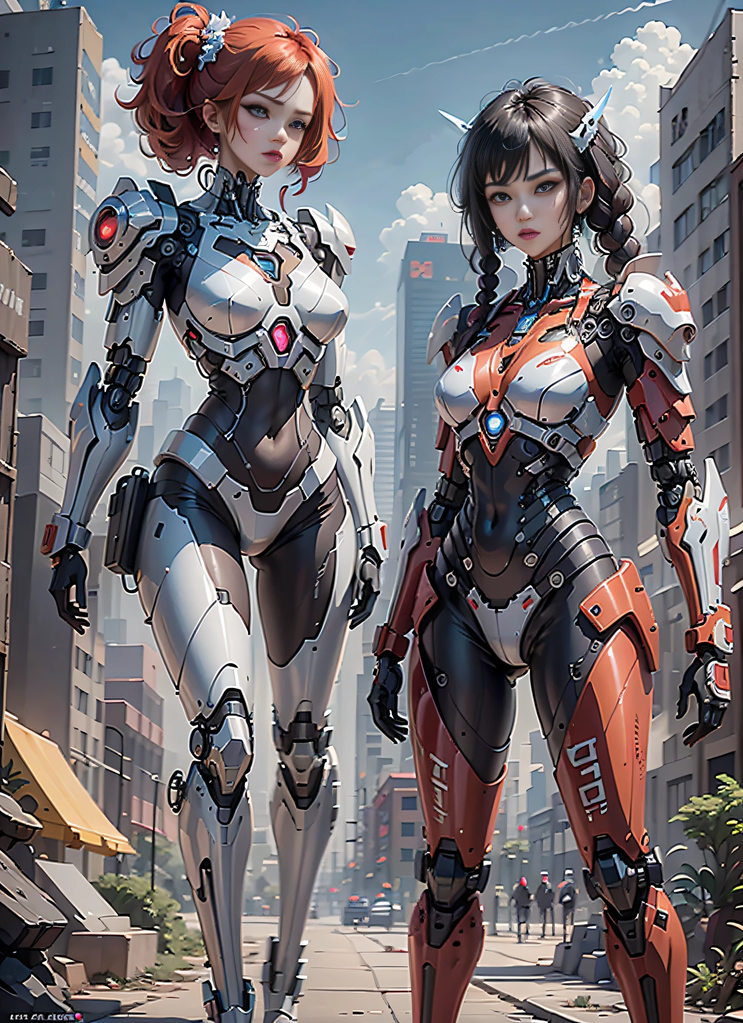 (highly detailed:1.5), (8k), futuristic mecha girl on the cover of a neon-lit science fiction magazine, style (cyberpunk:1.3), wearing an elegant battle suit with bright details, posing sensually, (bold typography:1.2), dynamic composition, vibrant colors, (Akira style:1.1), (inspired by Hajime Sorayama:1.2), full body, details in red, yellow, blue, white, combat position,  detailed bikini, futuristic detailed kaneda bike, red hair with braids,