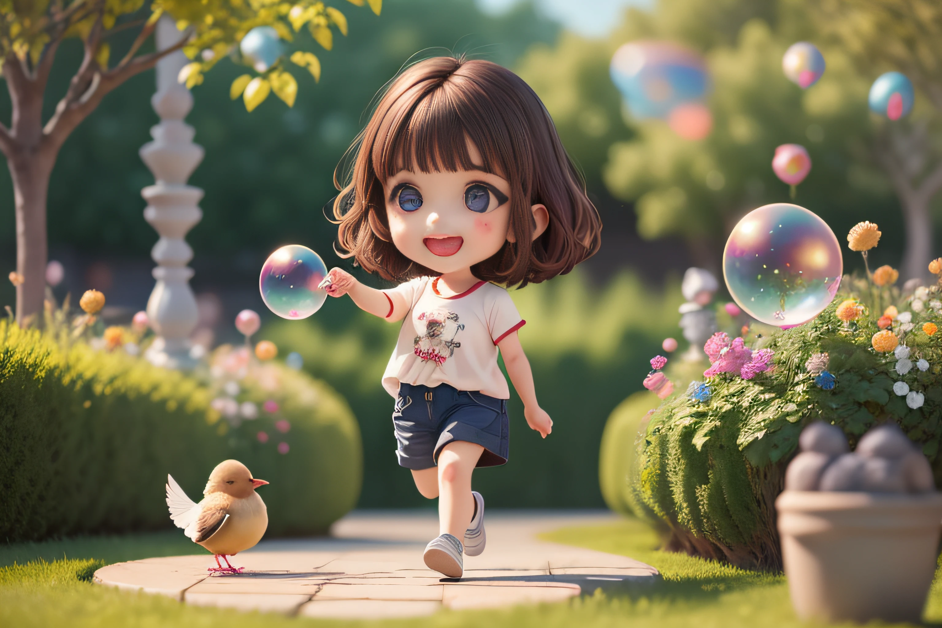 full body, chibi, (masterpiece), (best quality), (super detailed), (full body: 1.2), one girl chasing soap bubbles, chibi, cute, smile, open mouth, soap bubbles, blush, shirt, short hair, clouds, birds, blur, brown hair, short sleeves, bangs, black hair, (beautiful detailed face), (beautiful detailed eyes), veranda, garden