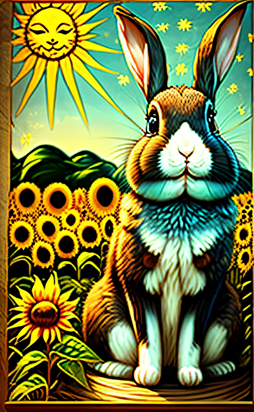 The Sun (太陽)
"A joyful rabbit basking under a large, slightly eerie sun, while frolicking in a sunflower field that seems to whisper tales of yore."