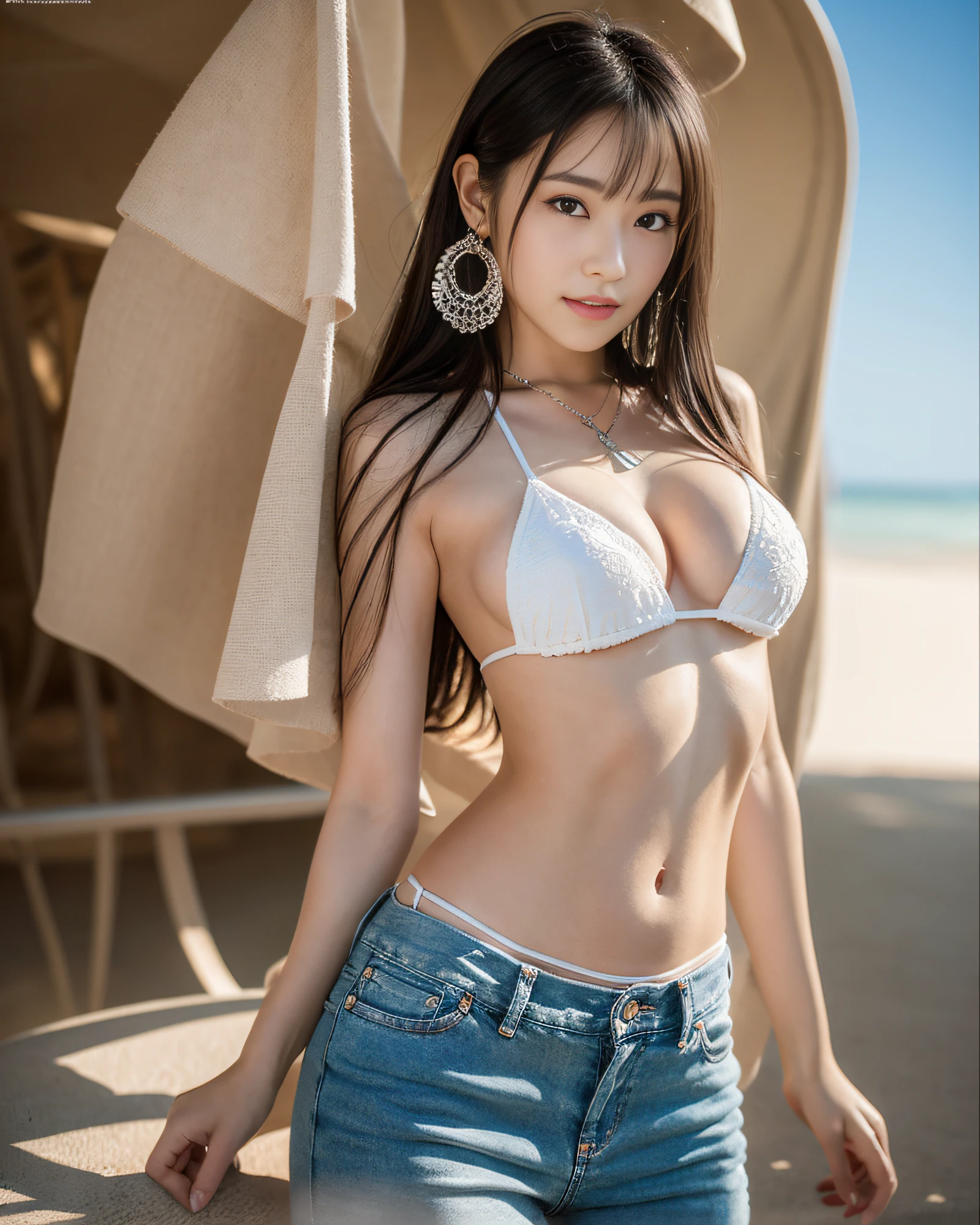 (8k, RAW photos, top quality, masterpiece: 1.2), ultra detail, ultra high resolution, (realistic, photoreal: 1.37), high definition RAW color photos, professional photos, depth of field, bokeh, realistic shadows, caustics, natural shading, photon mapping, movie lighting, HDR, Canon 50mm f1.2, ISO100, 1/250 sec shutter, Very delicate and beautiful, highly detailed 8k wallpaper, amazing, detailed, huge file size, highly detailed cg Unity 8k wallpaper, official art, perfect artwork, production art, very detailed beautiful girl, very detailed face, very detailed eyes, very detailed skin, very detailed fingers, very detailed nose, very detailed mouth, perfect anatomy, very detailed background, Highly detailed clothes, very complex details, 1 girl, (20 years old:1.2), cute girl, famous Japan idol, cute, (large: 1.2), cleavage, realistic body, petite, fair skin, (slender figure), good figure, (light brown hair: 2), medium straight hair, (dull bangs: 1.2), smile, cute, young, cute face, Cute face, realistic face Beautiful detailed eyes, drooping eyes, beautiful big eyes, big black eyes, beautiful clear eyes, (white micro bikini: 1.2), (short denim pants: 1.5), necklace, earrings, looking at the viewer, (cowboy shots: 2), facing the front (sexy pose: 1.6), contrapposto, (resort beach: 1.5), soft lighting,