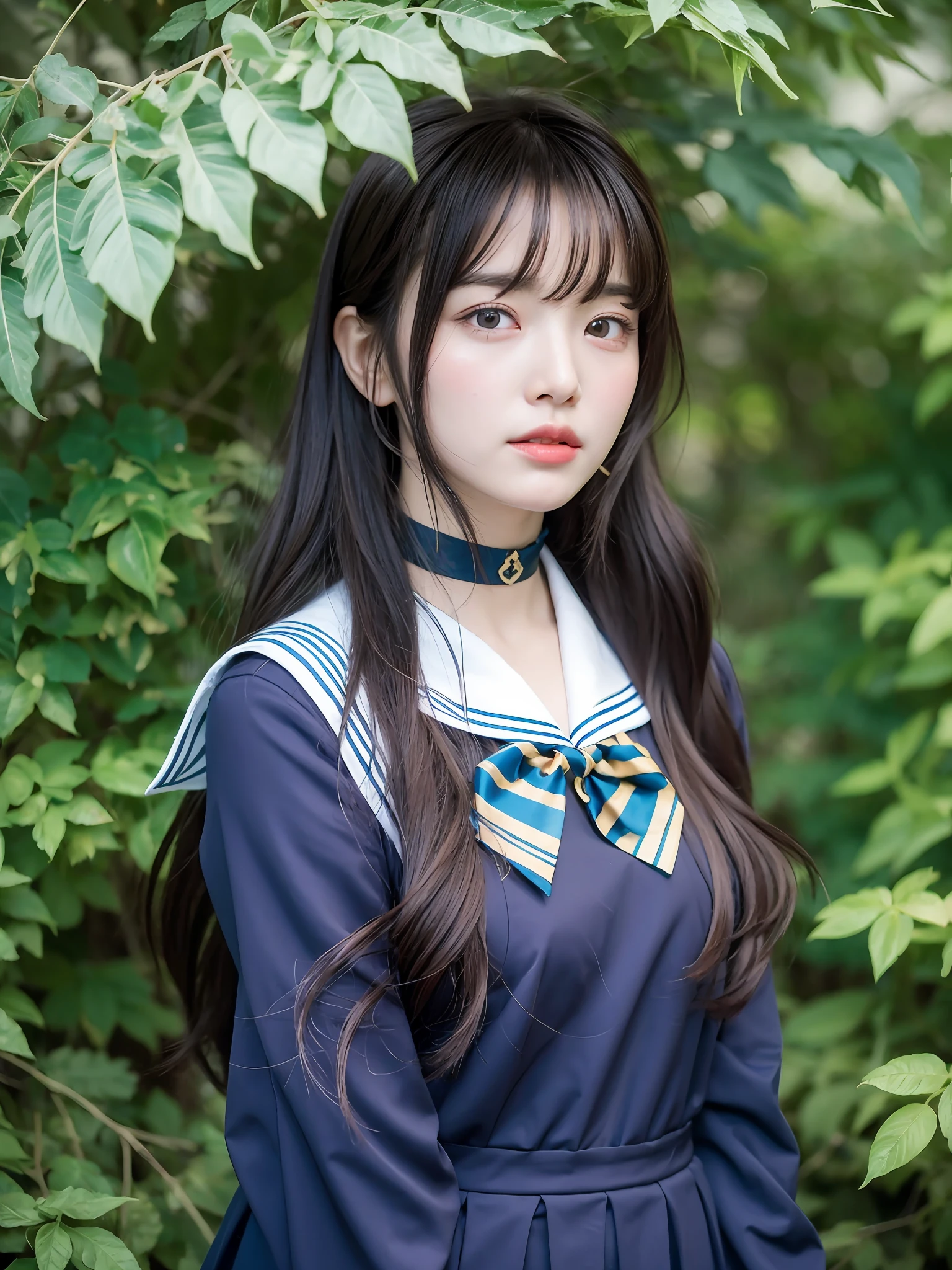 1girl, solo, school uniform, choker, flower, long hair, leaf, looking at viewer, blue theme, serafuku, tears, rain, parted lips, own hands behind back, upper body, crying, sailor collar, jewelry, water drop, crying with eyes open, black choker, black hair, bangs, monochrome, standing between vines, standing between leaves,blue monochrome,doll effect, cremeic effect,