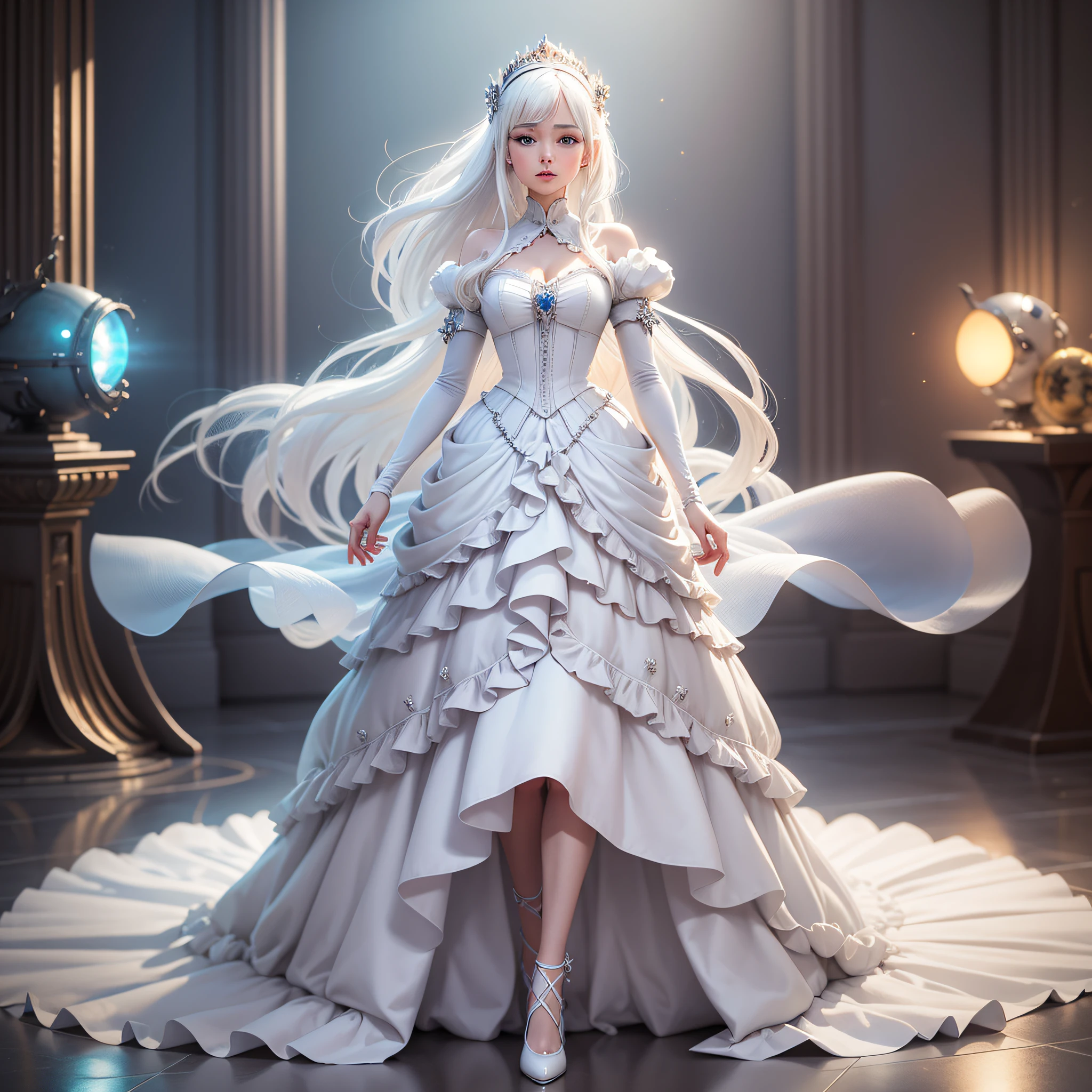(Trend artstation, pixiv, anime style), an adult woman (22 years old), long hair with bangs, white hair with purple details (hair color: white with purple details) detailed body ((huge breasts, giant breasts, (large thighs, wide hips, thin waist)), wearing bands all over the body (color of the bands: white with red details) glued to the body, red eyes (red eyes, red iris), excited, crazy, sensual, sexy, sensual pose, concept art, anime style, reflection light, backlighting, cinematic lighting, high detail, surrealism, realism, hyperrealism, masterpiece, anatomically correct, super detail, high detail, high quality, award-winning, best quality, anime, ray tracing, pov, UHD, 8k,(hyperrealistic), (illustration), (high resolution), (8K), (extremely detailed), (best illustration), (beautiful detailed eyes), (best quality), (super detailed), (masterpiece), (wallpaper), (detailed face), solo, (dynamic pose), 1 girl, white wavy hair in the kitchen, Korean, heterochromic eyes, small moles under the eyes, ((apron)), large breasts, long legs, tightens the abdomen, (camel fingers), (black socks), (no panties), (no bra), (full body) --auto