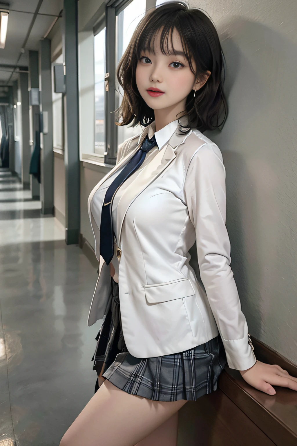 Best image quality, RAW photos, ultra-high resolution, taken from the side, gentle smile, 16-year-old Korean, very big breasts, fair skin, shiny white skin, short bob, bright silver hair, neatly aligned bangs, blazer, tie, ribbon, school uniform, collared shirt, plaid skirt, beautiful eyes, beautiful eyes of random colors, very thin lips, beautiful eyes with details, elongated eyes, pale pink blush, long eyelashes, beautiful double eyelids, eyeshadow, beautiful thin legs, beautiful constrictions, earrings, necklaces, leaning against the wall of school, hallway, corridor