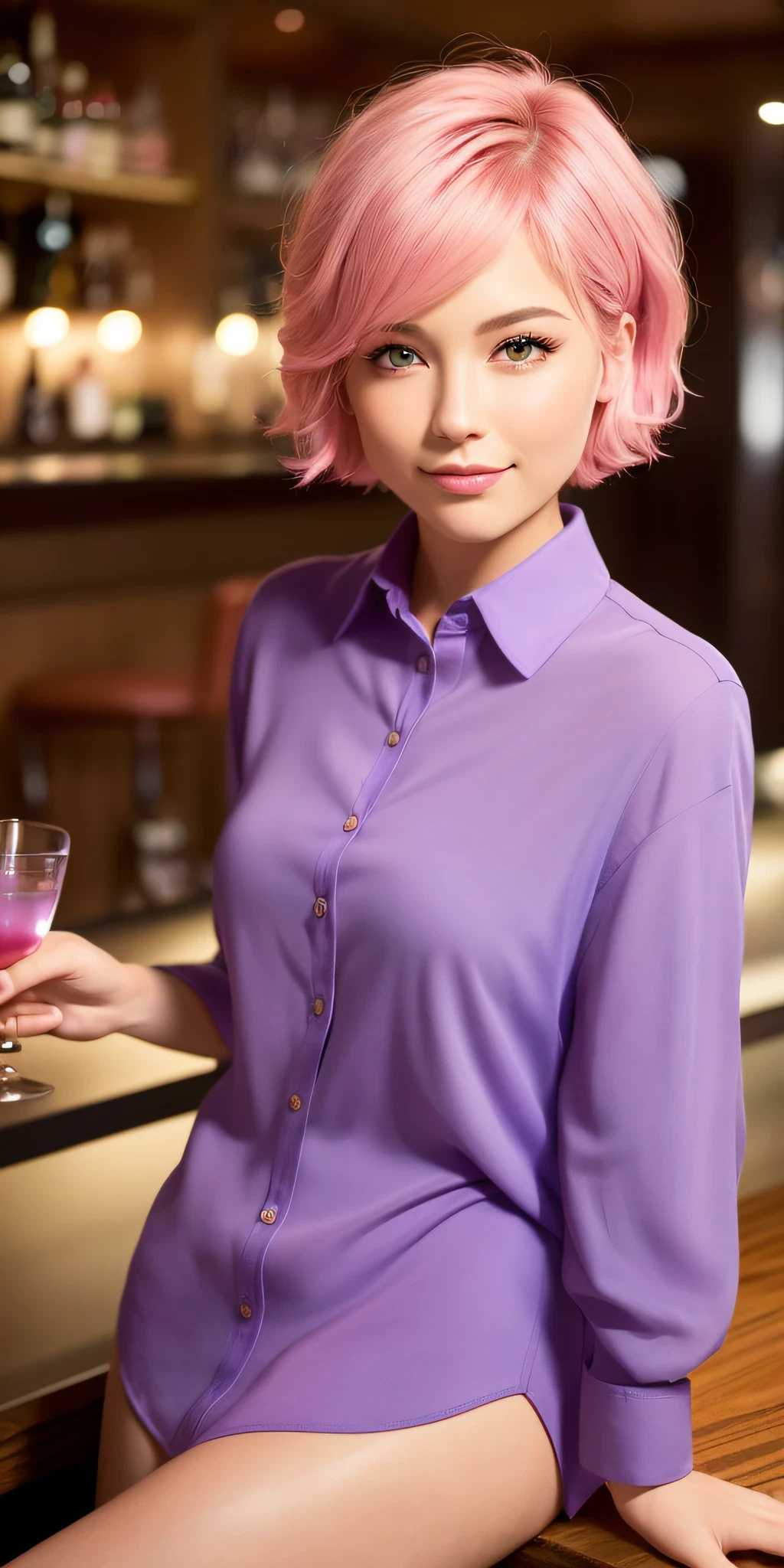 (64K, UHD, top quality, masterpiece: 1.2), (realistic, photorealistic: 1.37), super detailed, cute, evening date, cocktails, at the exclusive bar counter, (blush), (smile: 1.15), (closed mouth), big, tiger-like face, beautiful fine eyes, (collared shirt: 1.1), sitting right next to you at night, reaching for you, (short hair:1.2), (pink hair, purple eyes), NovaFrogStyle,