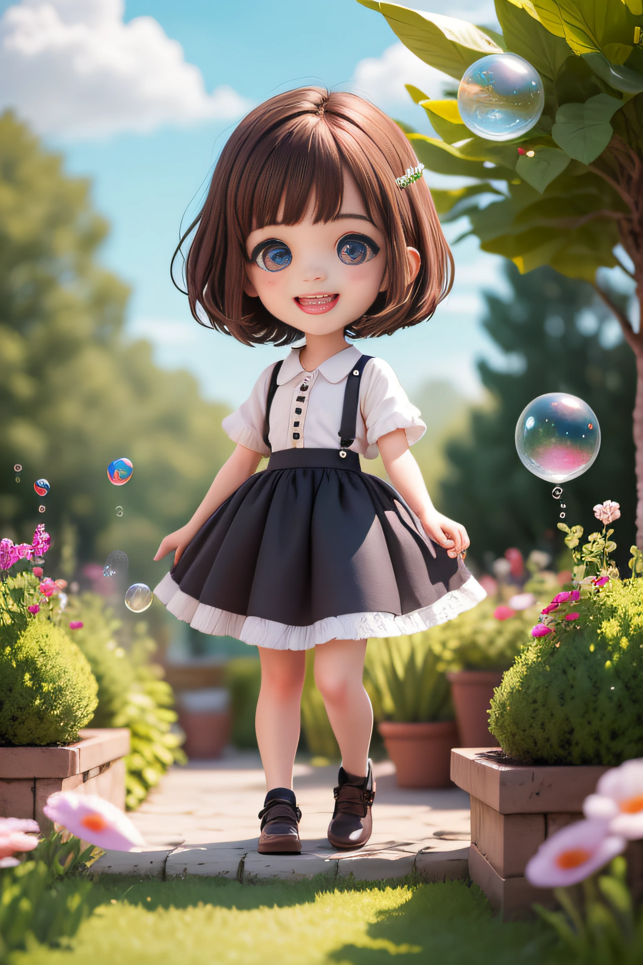 full body, chibi, (masterpiece), (best quality), (super detailed), (full body: 1.2), one boy chasing soap bubbles, (((boy)), chibi, cute, smile, open mouth, soap bubbles, blush, shirt, short hair, clouds, birds, blur, brown hair, short sleeves, bangs, black hair, (beautiful detailed face), (beautiful detailed eyes), veranda, garden