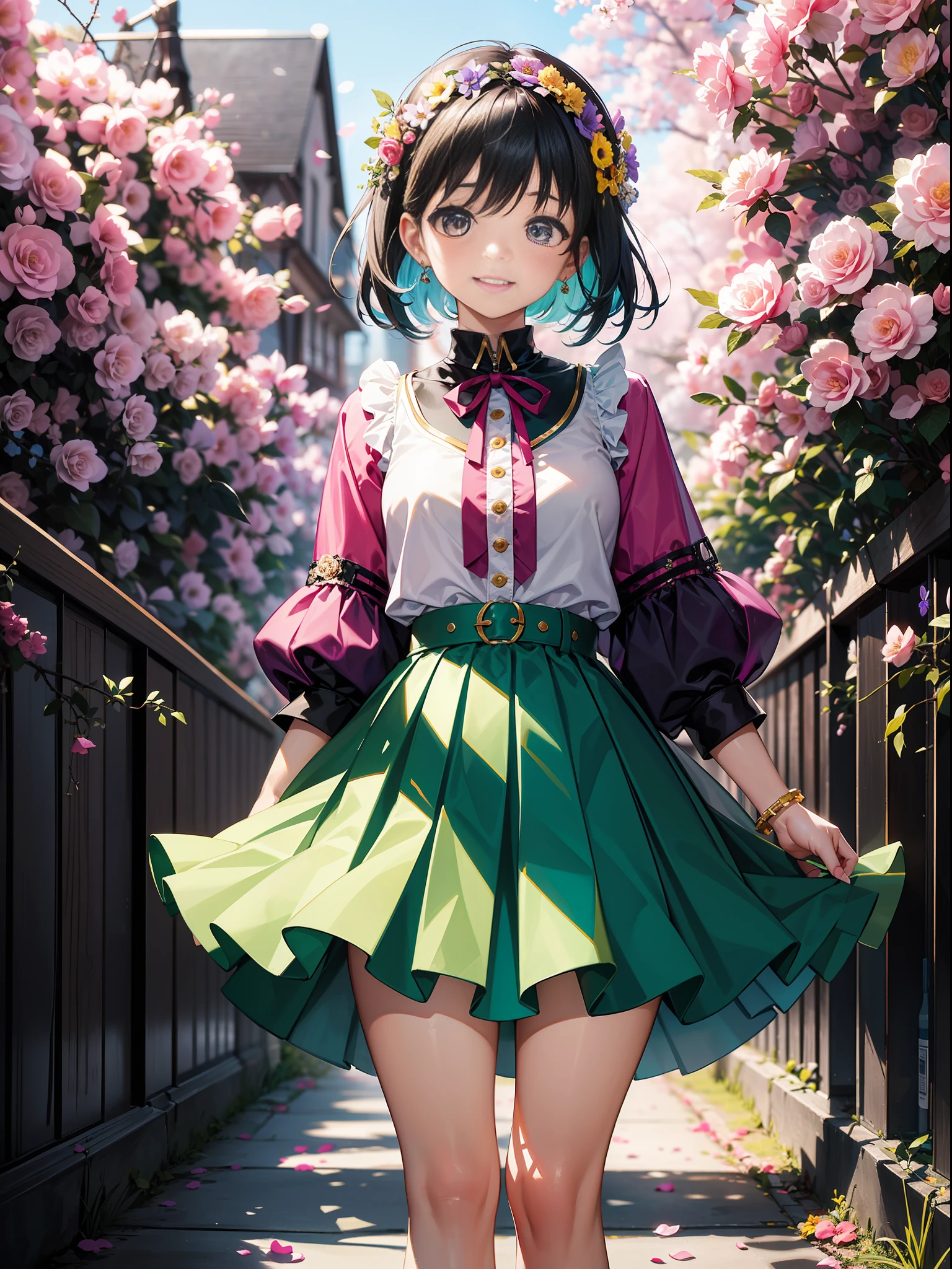 A girl dressed in a vibrant and colorful outfit, wearing a pleated skirt that sways with every step she takes. The artwork showcases her joyful and playful personality as she stands amidst a colorful array of blooming flowers. Her outfit features a mix of bright and cheerful hues, reflecting her vibrant spirit. The pleated skirt adds a touch of elegance and movement to her ensemble, creating a sense of whimsy. The scene is adorned with an abundance of flowers, filling the air with their sweet fragrance and vibrant colors. The combination of the girl's colorful attire and the surrounding blooms creates a visually captivating and cheerful image.