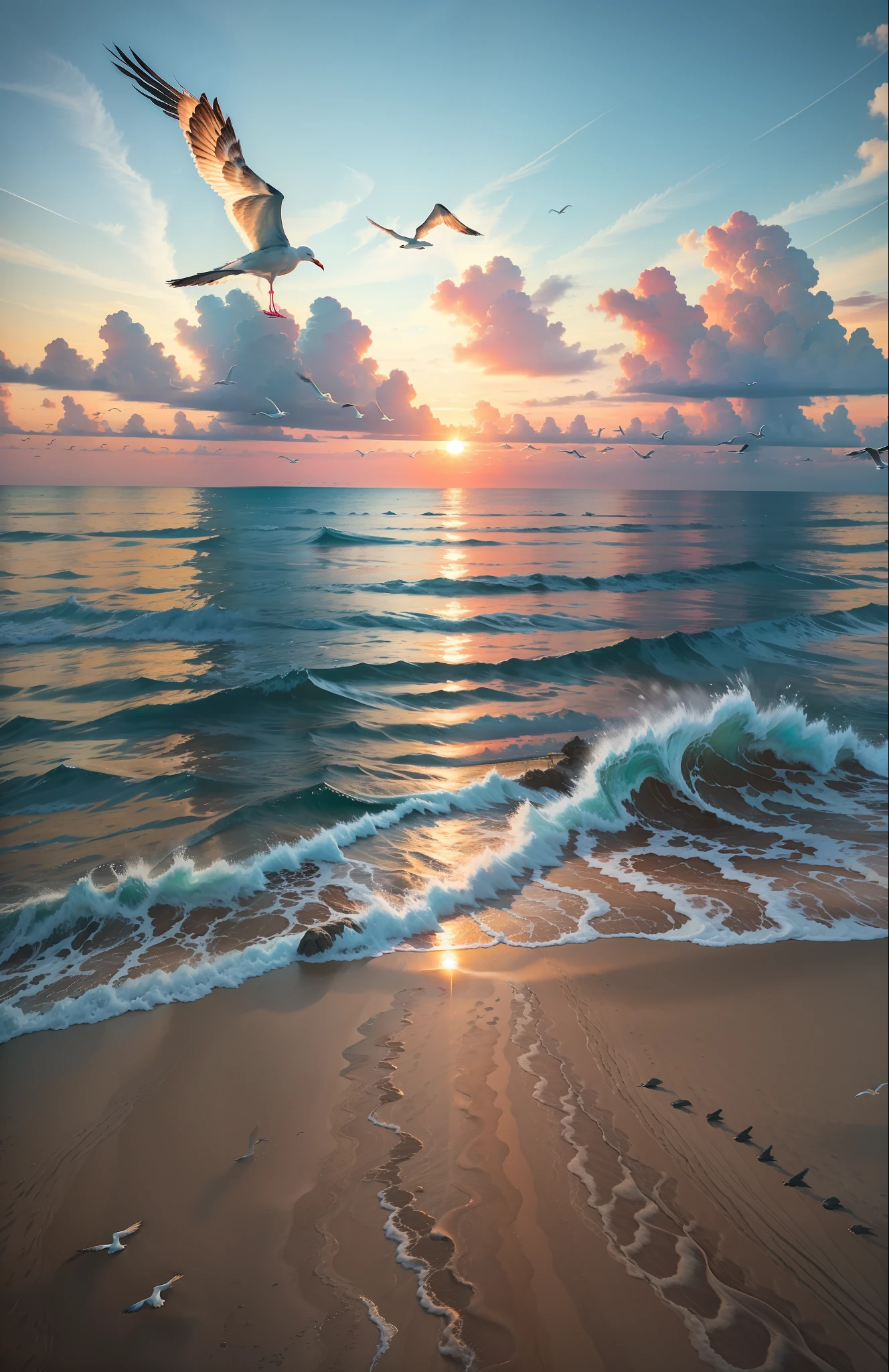 An absolutely mesmerizing sunset over the beach, with a blend of oranges, pinks, and yellows filling the sky. Crystal-clear waters of the sea gently kissing the shore, with sandy white beach stretching far and wide. The scene is dynamic and breathtaking, with seagulls soaring high in the sky and gently swaying palm trees. Take in the calming atmosphere and let the peacefulness wash over you.