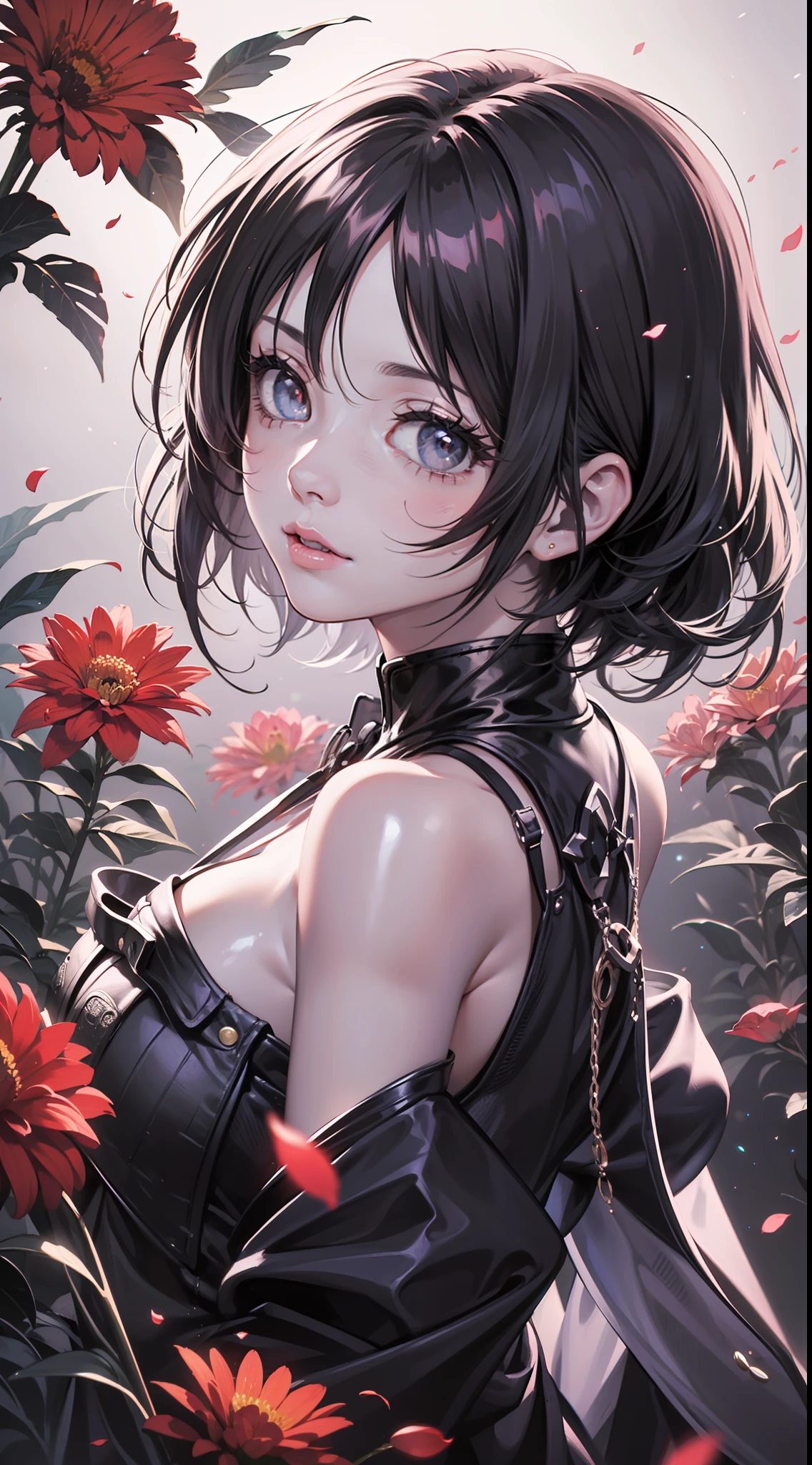 {{{{masterpiece}}}}, {{{hyper detailed}}}, {{{highres}}}, {{good anatomy}}, (((best quality))), ((an extremely delicate and beautiful)), {{an extremely detailed and delicate}}, {8k cg wallpaper}, {{illustration}}, (greyscale with colored background:1.2), (red background:1.15), ray tracing, bokeh, (light particles:1.3), (glow:1.1), (flowers:1.3), petals, flowers, (chromatic aberration:1.2), mature female, 1girl, solo, (looking at viewer:1.2), on side, (glowing eyes:1.2), hiten1,