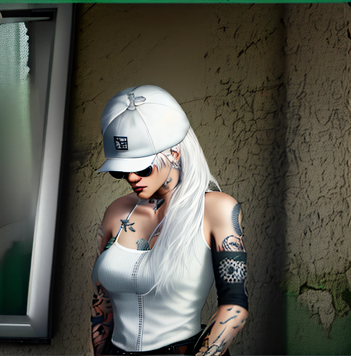 There is a woman in a top and round sunglasses, with white hair and a white cap, like a GTAV character, tattooed skin, highly detailed image, realistic shading, 8k