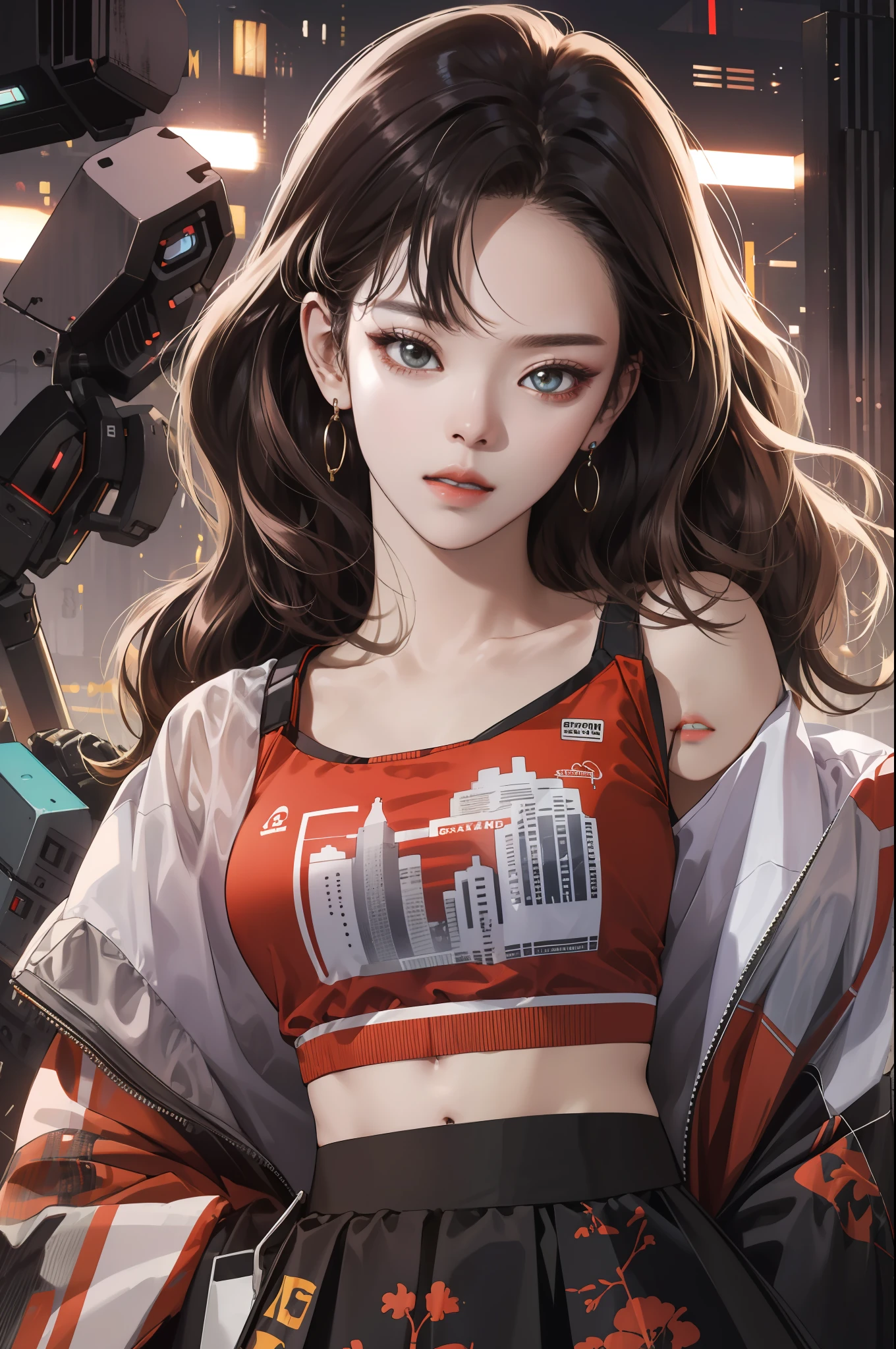 (masterpiece, best quality), beautiful woman, detailed printed cropped top, skirt, wavy hair, beautiful face, perfect face, big gorgeous eyes, parted lips, perfect slim fit body, seoul cyberpunk city, bright colors