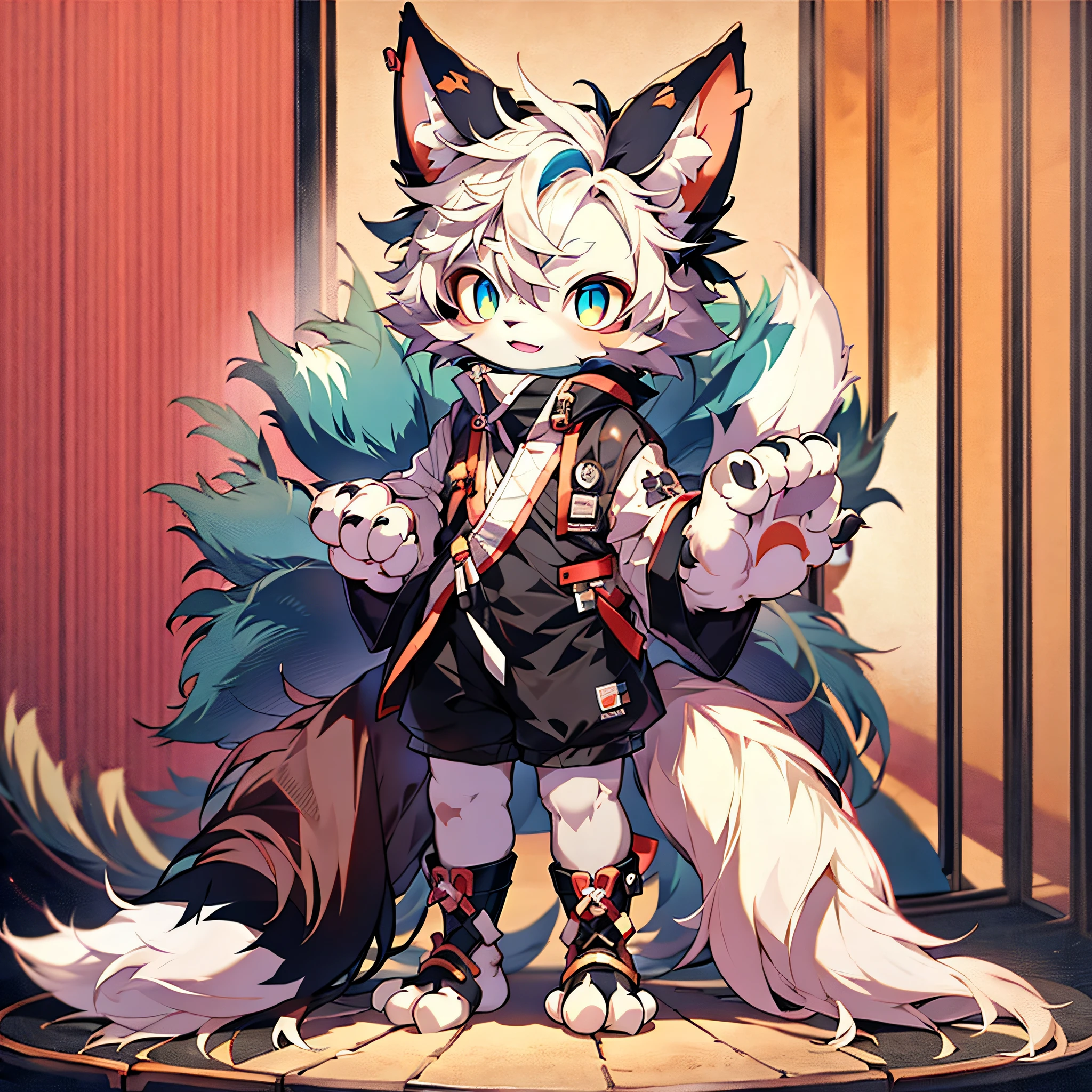 Furry Fox Forelimb Hands Hindlimb Leg Foot Standing Shota  Overall White Head, Arms, Body and Legs with Blue-Black Pattern All Body with Pink Meat Mats Eyes Blue Furry No Clothing Two Ears