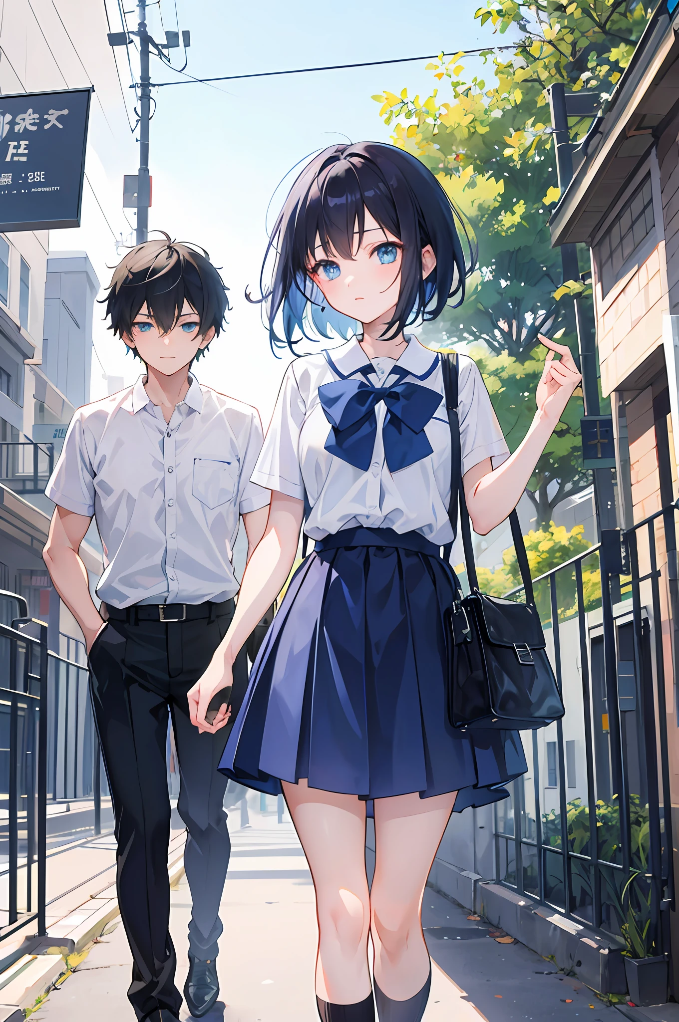 School, school gate, (1 girl: 1.5), (1 boy: 1.5), (two people: 1.5), // anime boy in black short sleeves, anime boy at school gate, // anime girl in uniform, blue eyes and handbag, beautiful anime high school girl with black hair,