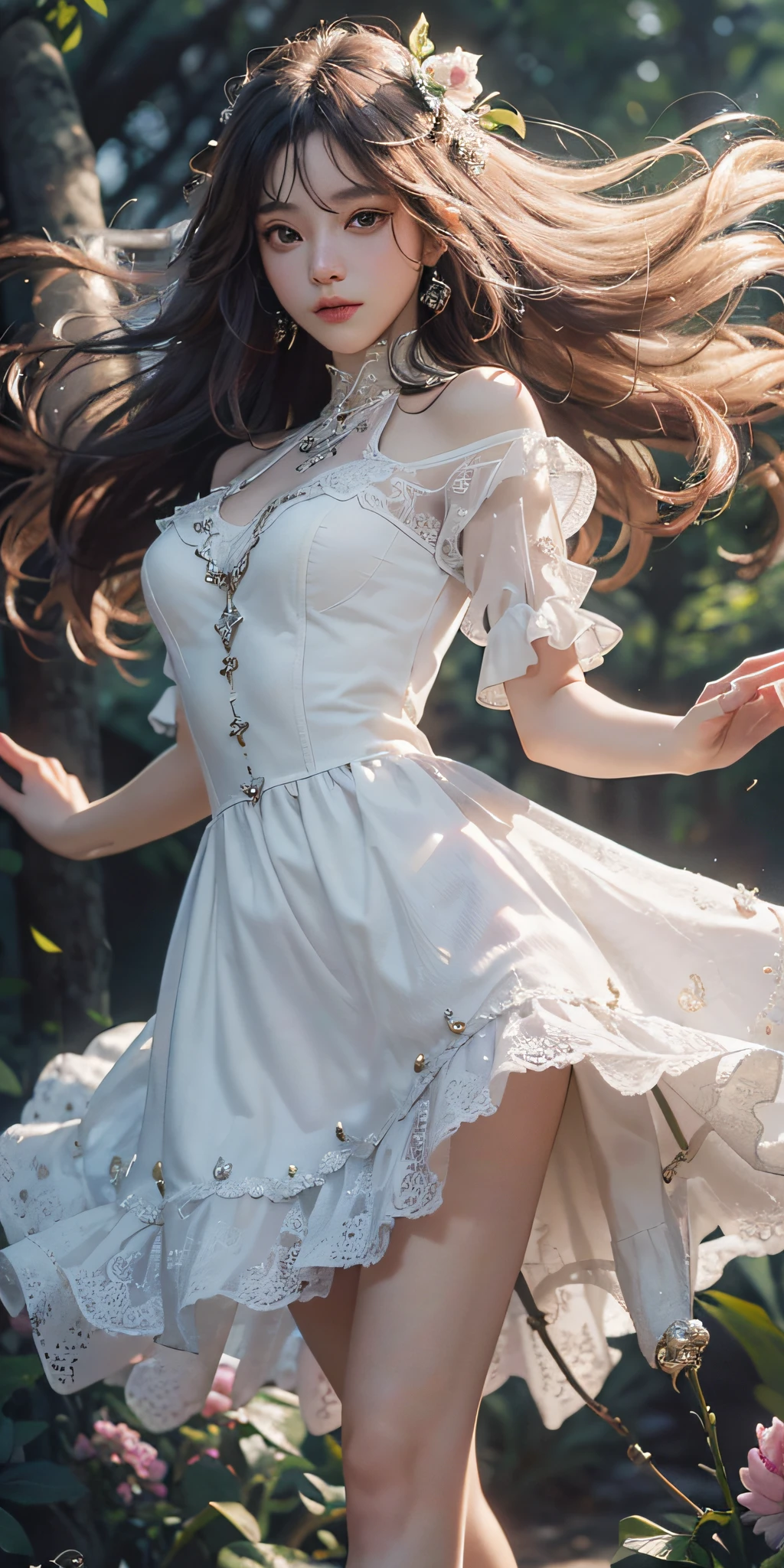 (8k, best quality, masterpiece: 1.2), (realistic, photorealistic photorealistic: 1.37), best quality, masterpiece, unity, extremely delicate beauty, pure wind desire, messy hair, hair blown by the wind, (white dress: 1.1), very detailed, amazing, fine details, masterpiece, best quality, official art, absurdity, high heels, slender legs, super detailed, high resolution, very detailed, beautiful meticulous girl, extremely detailed eyes and face, beautiful detailed eyes, Light face, white hair, Hallyu idol,