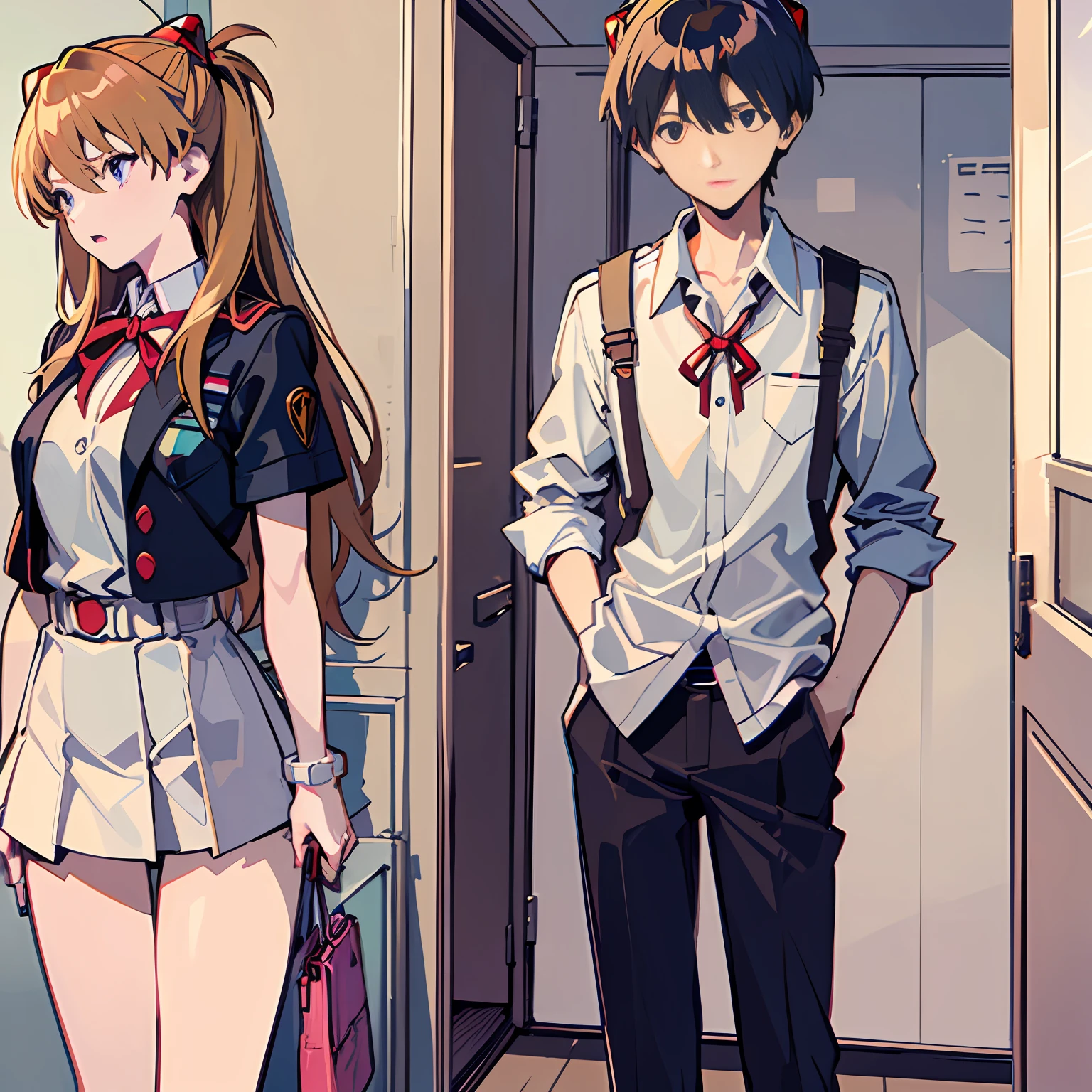 Anime style, Neon Genesis Evangelion, Soryu Asuka Langley, Shinji Ikari, same height, man and woman, mutual love, uniform, modern school building, shouting, cheek pulling, quarrel, evening, changing room, changing clothes,