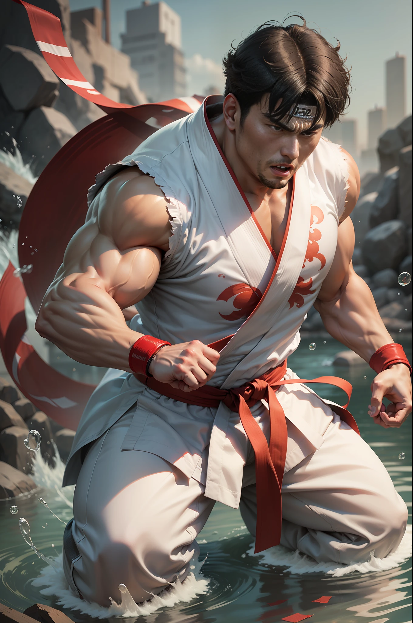 Strong man ((Ryu Street Figther)) short black hair red band on forehead, wearing a white cloth kimono, white pants, black karate sash red karate gloves, in a stream, karate fighting pose.