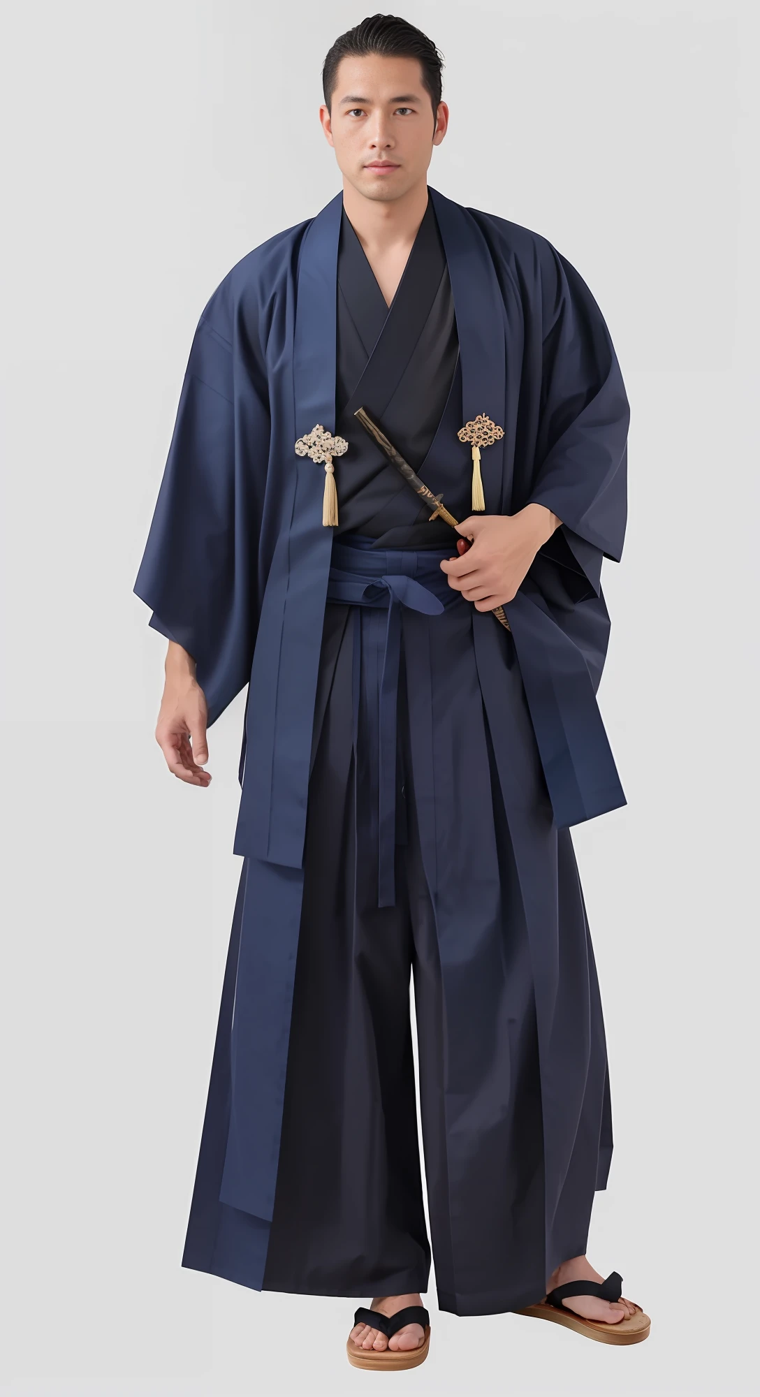 arafed man in a blue kimono standing with his hands in his pockets, inspired by Yamamoto Shōun, yasuke 5 0 0 px models, hakama kimono, samurai outfit, intricate hakama, wearing hakama, samurai style, inspired by Kanō Sanraku, inspired by Sesshū Tōyō, yukata clothing