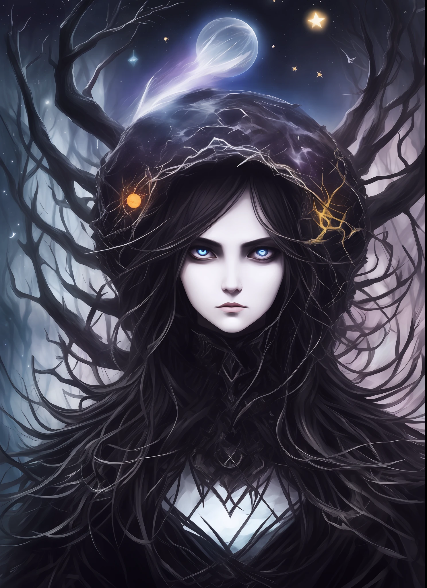 masterpiece, best quality, masterpiece, (1girl), (LLChar), evil witch, dark energy, void, empty eyes, (extremely evil), dark magic, dark forest, negative energy, hell, void, stars, black hair