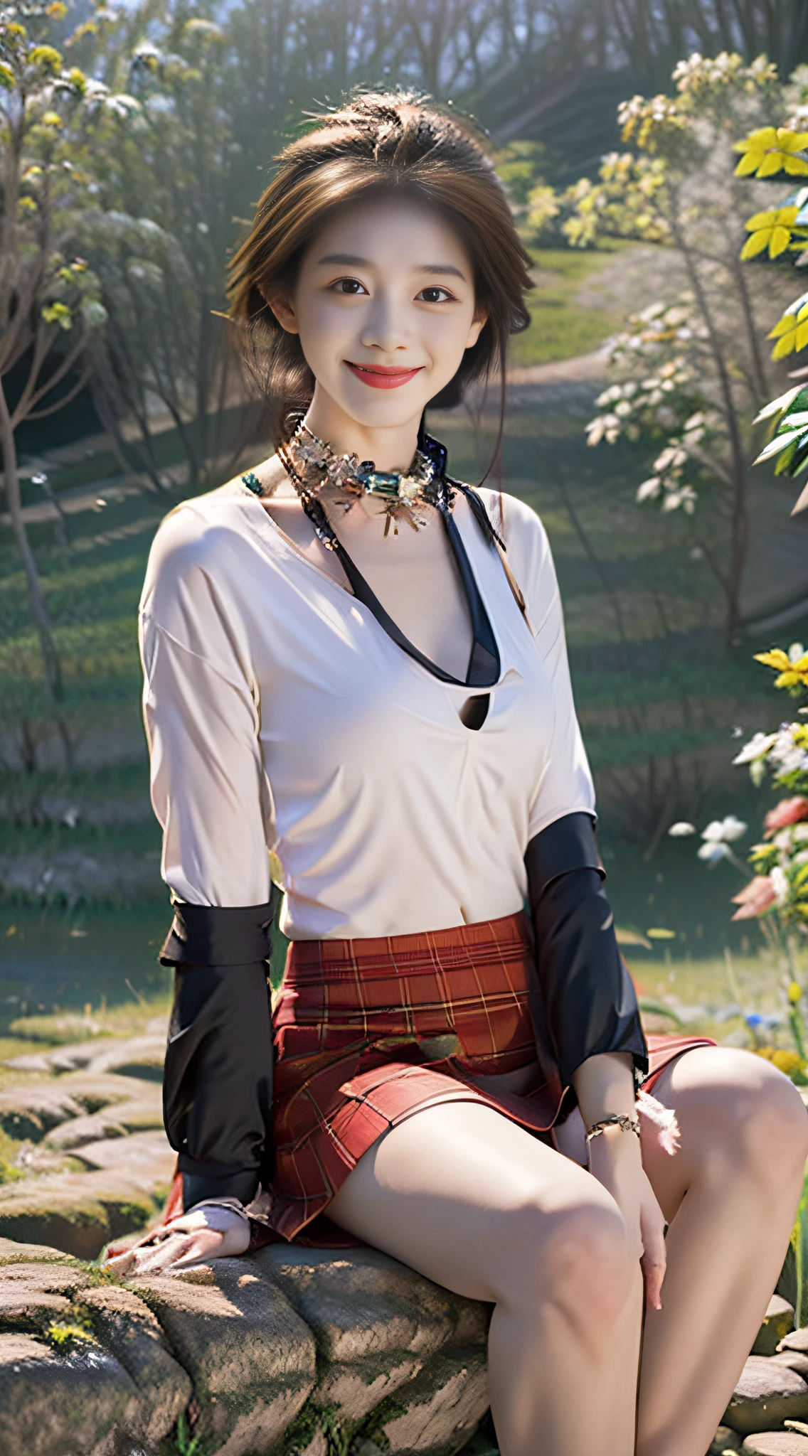 (8k, top quality, masterpiece: 1.2), (realistic, realistic: 1.37), super detailed, girl single, cute, solo, sitting, (white skin), (smile: 1.15), large, fine eyes, large round eyes, clear double eyelids, eyelashes, (collar shirt: 1.1), white clothes, (short hair: 1.2), bangs, long neck, happy smile, beautiful face, realistic skin texture, light red lips, green background, lawn, full body, soft skirt, Red mini skirt, open waist, hot weather, pleasant, very fine details, warm atmosphere