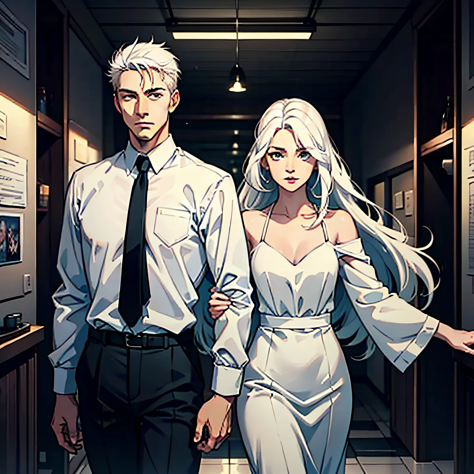 Two people, a white-haired young man and a white-haired woman