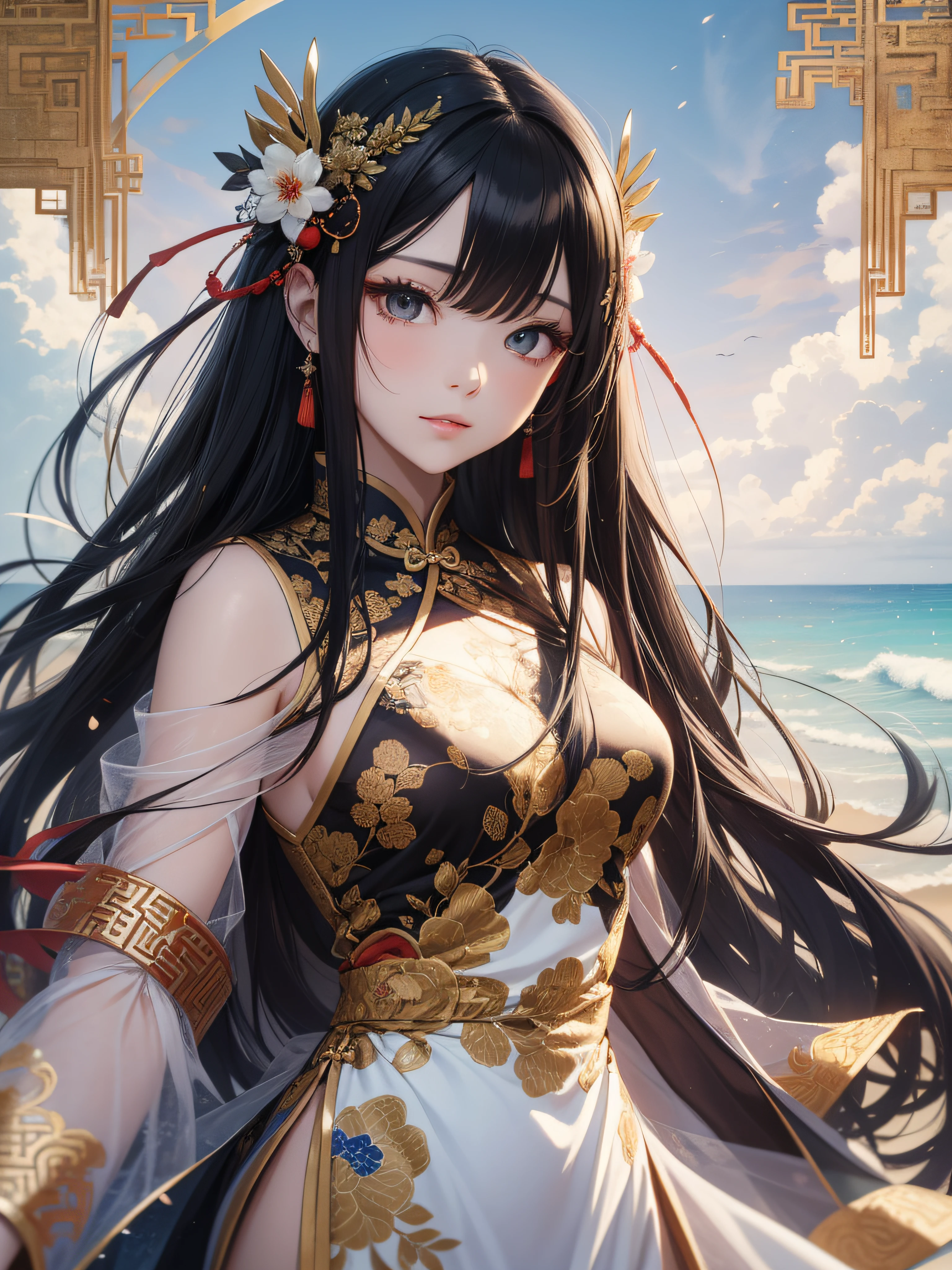 Masterpiece, real, beautiful heavenly woman with ultra-long hair with black hair in Chinese style who descended from heaven on the beach, looking down at the viewer with dim eyes, Chinese style hair ornament, divinity wearing halo, in morning haze, 18 years old