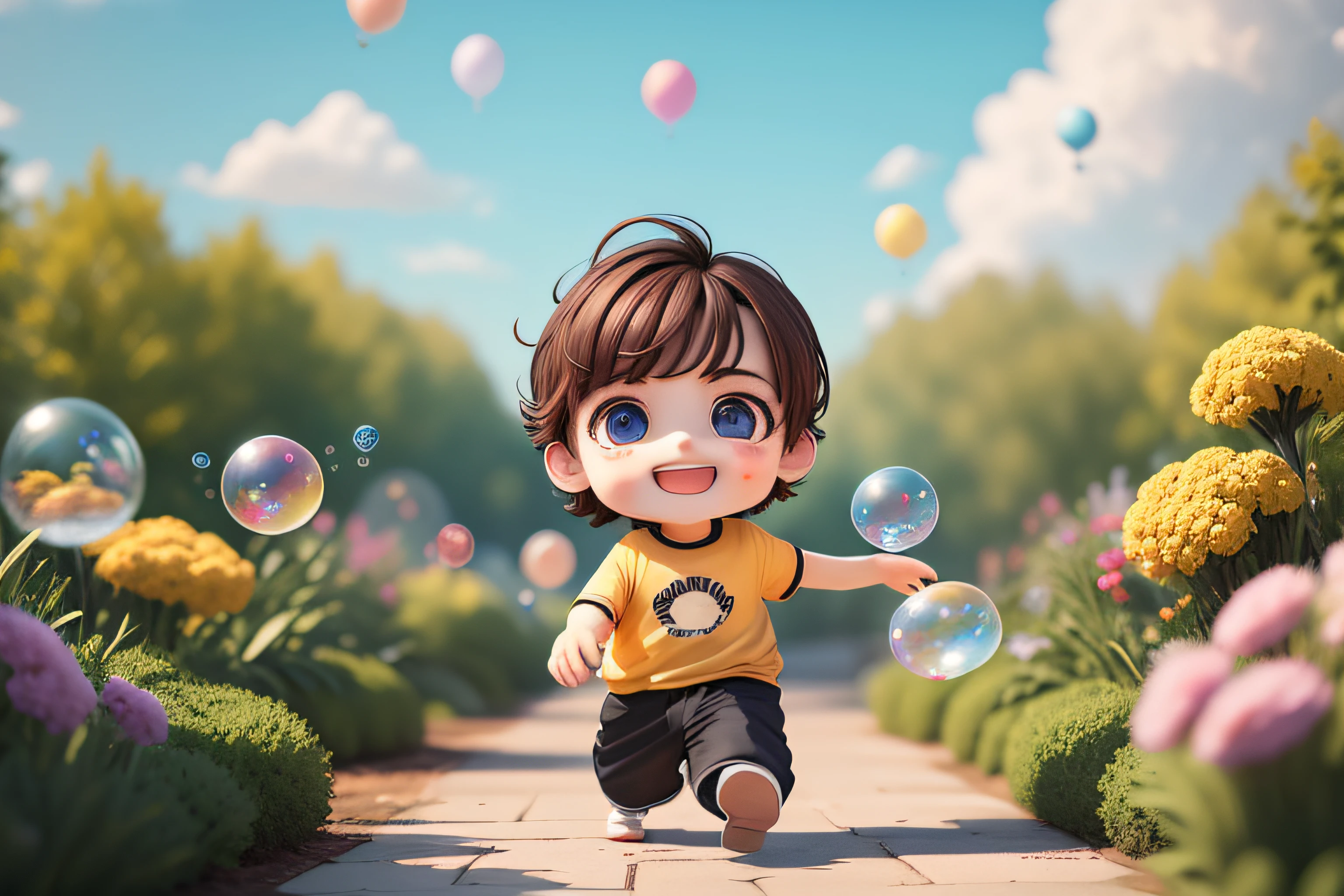 full body, chibi, (masterpiece), (best quality), (super detailed), (full body: 1.2), (((boy))), 1 boy chasing soap bubbles, chibi, cute, smile, open mouth, soap bubbles, blush, shirt, short hair, clouds, birds, blur, brown hair, short sleeves, bangs, black hair, (beautiful detailed face), (beautiful detailed eyes), garden