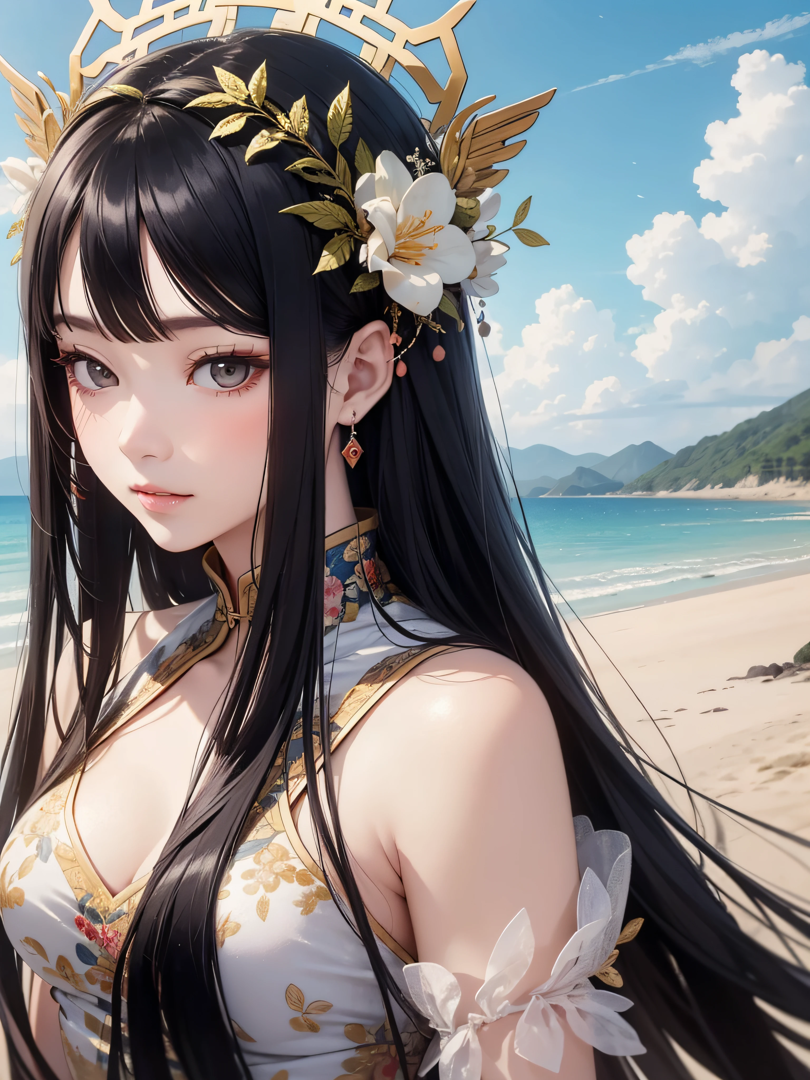 Masterpiece, real, beautiful heavenly woman with ultra-long hair with black hair in Chinese style who descended from heaven on the beach, looking down at the viewer with dim eyes, Chinese style hair ornament, divinity wearing halo, in morning haze, 18 years old