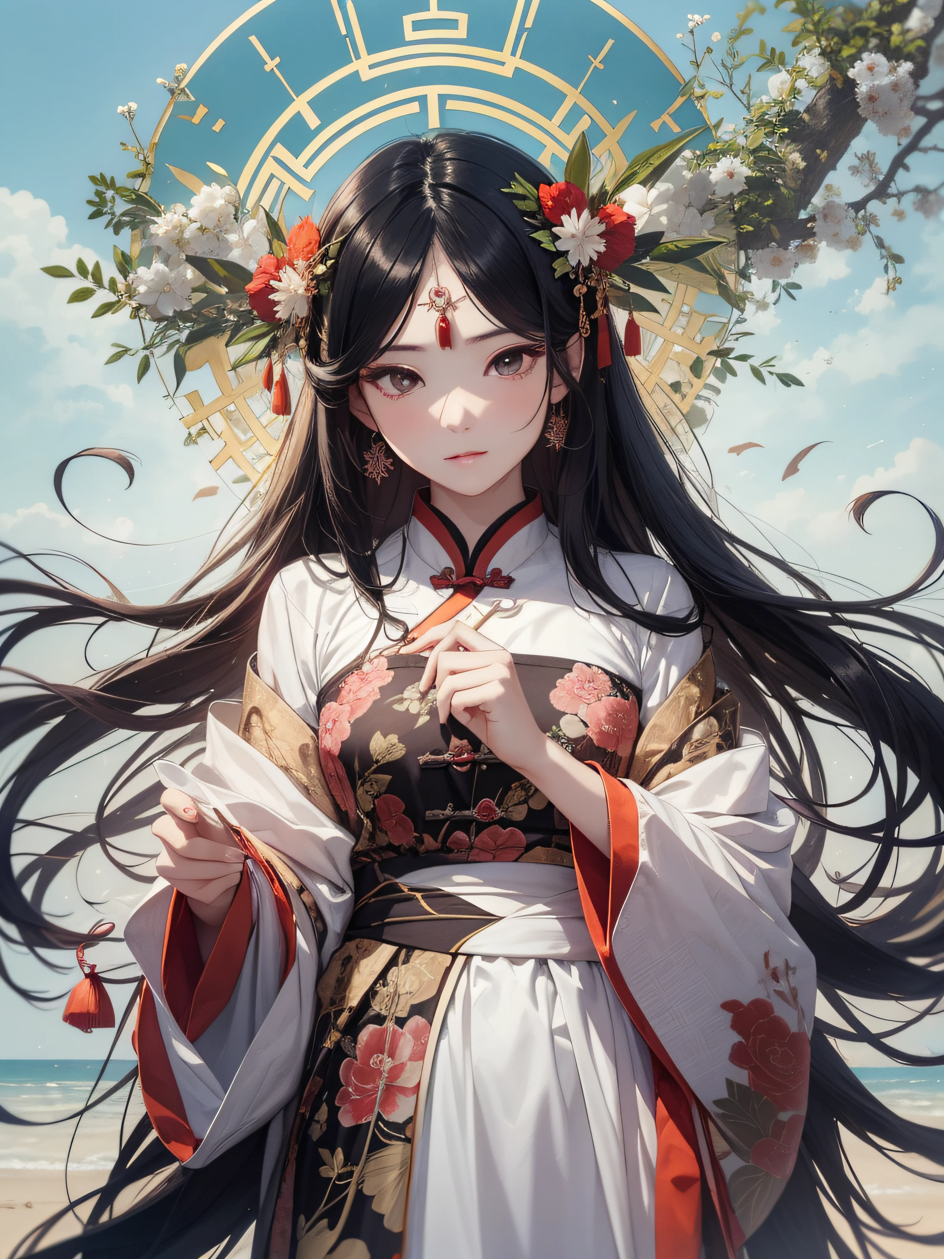 Masterpiece, real, beautiful heavenly woman with ultra-long hair with black hair in Chinese style who descended from heaven on the beach, looking down at the viewer with dim eyes, Chinese style hair ornament, divinity wearing halo, in morning haze, 18 years old