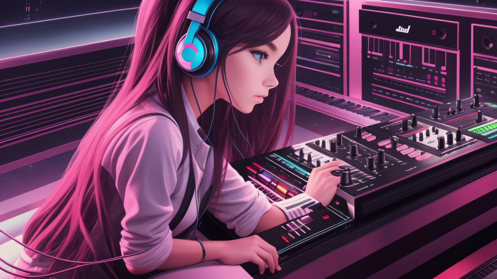 "A beautiful DJ with long hair, blue eyes, wears headphones, surrounded by lighting while doing remixes in a disco."