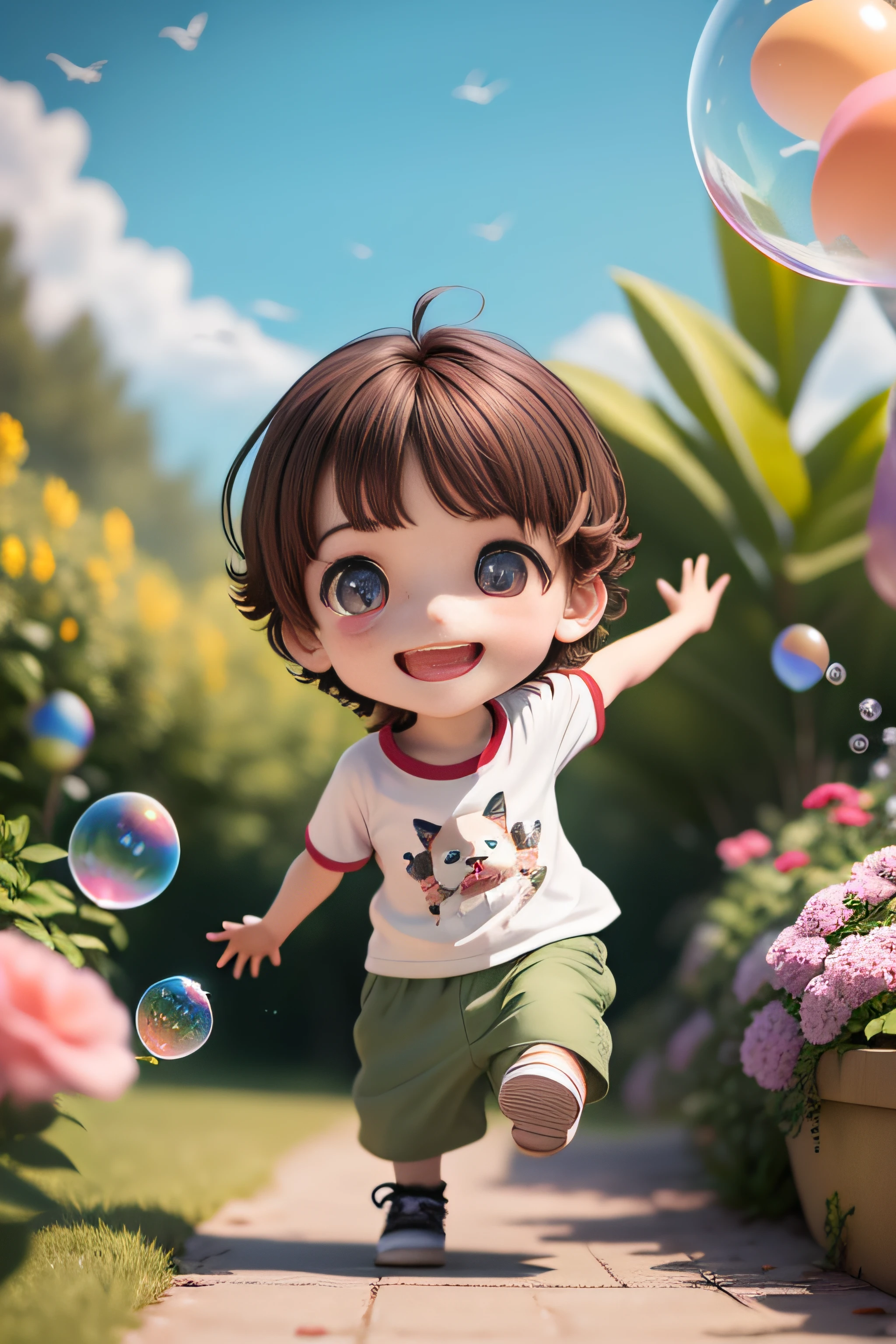 full body, chibi, (masterpiece), (best quality), (super detailed), (full body: 1.2), (((boy))), 1 boy chasing soap bubbles, chibi, cute, smile, open mouth, soap bubbles, blush, shirt, short hair, clouds, birds, blur, brown hair, short sleeves, bangs, black hair, (beautiful detailed face), (beautiful detailed eyes), garden