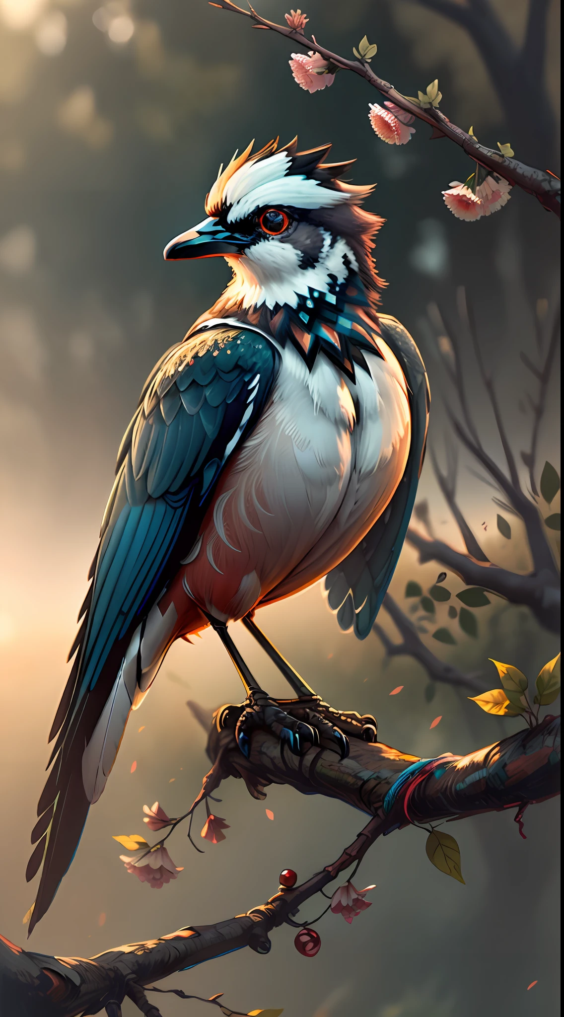 Magpie, a kind of bird, magpie on the branch, vista, sunrise, vista, 8k, beautiful, colorful, masterpiece, top quality, best quality, official art, beautiful and beautiful,