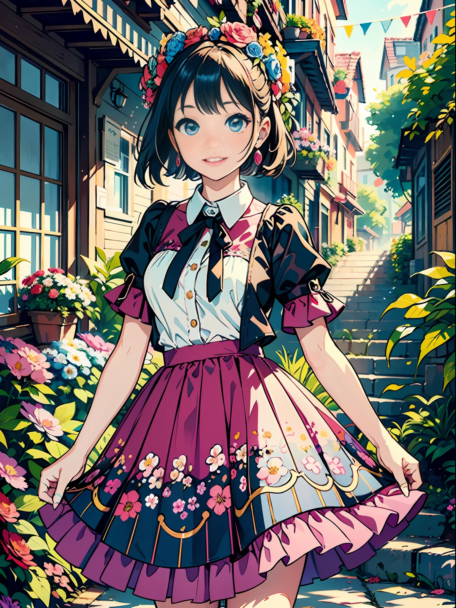 A girl dressed in a vibrant and colorful outfit, wearing a pleated skirt that sways with every step she takes. The artwork showcases her joyful and playful personality as she stands amidst a colorful array of blooming flowers. Her outfit features a mix of bright and cheerful hues, reflecting her vibrant spirit. The pleated skirt adds a touch of elegance and movement to her ensemble, creating a sense of whimsy. The scene is adorned with an abundance of flowers, filling the air with their sweet fragrance and vibrant colors. The combination of the girl's colorful attire and the surrounding blooms creates a visually captivating and cheerful image.
