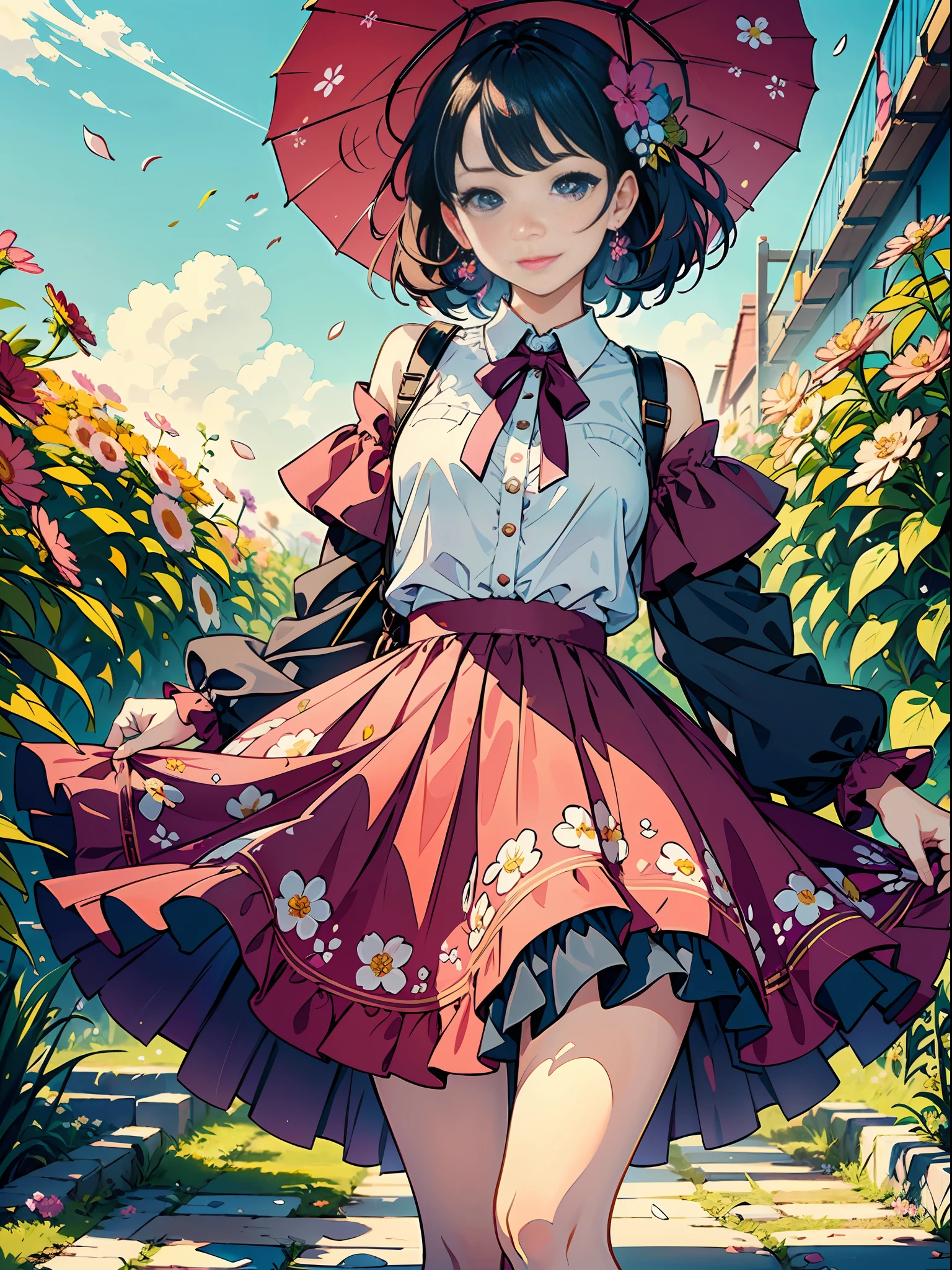 A girl dressed in a vibrant and colorful outfit, wearing a pleated skirt that sways with every step she takes. The artwork showcases her joyful and playful personality as she stands amidst a colorful array of blooming flowers. Her outfit features a mix of bright and cheerful hues, reflecting her vibrant spirit. The pleated skirt adds a touch of elegance and movement to her ensemble, creating a sense of whimsy. The scene is adorned with an abundance of flowers, filling the air with their sweet fragrance and vibrant colors. The combination of the girl's colorful attire and the surrounding blooms creates a visually captivating and cheerful image.