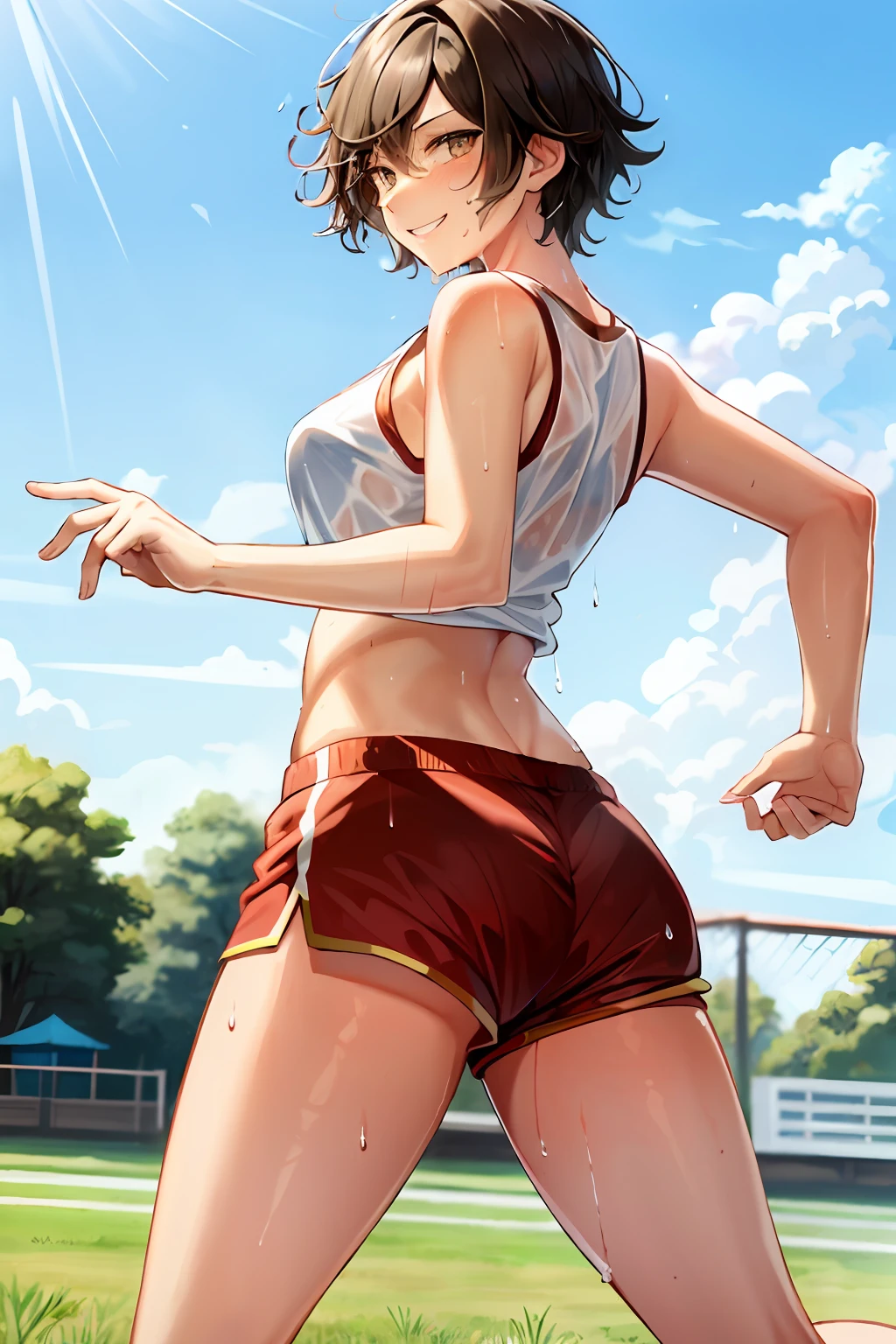 masterpiece, sweat, soaked, golden hair, short hair, brown eyes, best quality, hi-res, solo, short hair, look at the viewer, wicked smile, ass facing you, running action and elegance, red gymnastics shorts, white hot pants, wet pants, white running shirt, wet shirt, sleeveless, big, park, outdoor