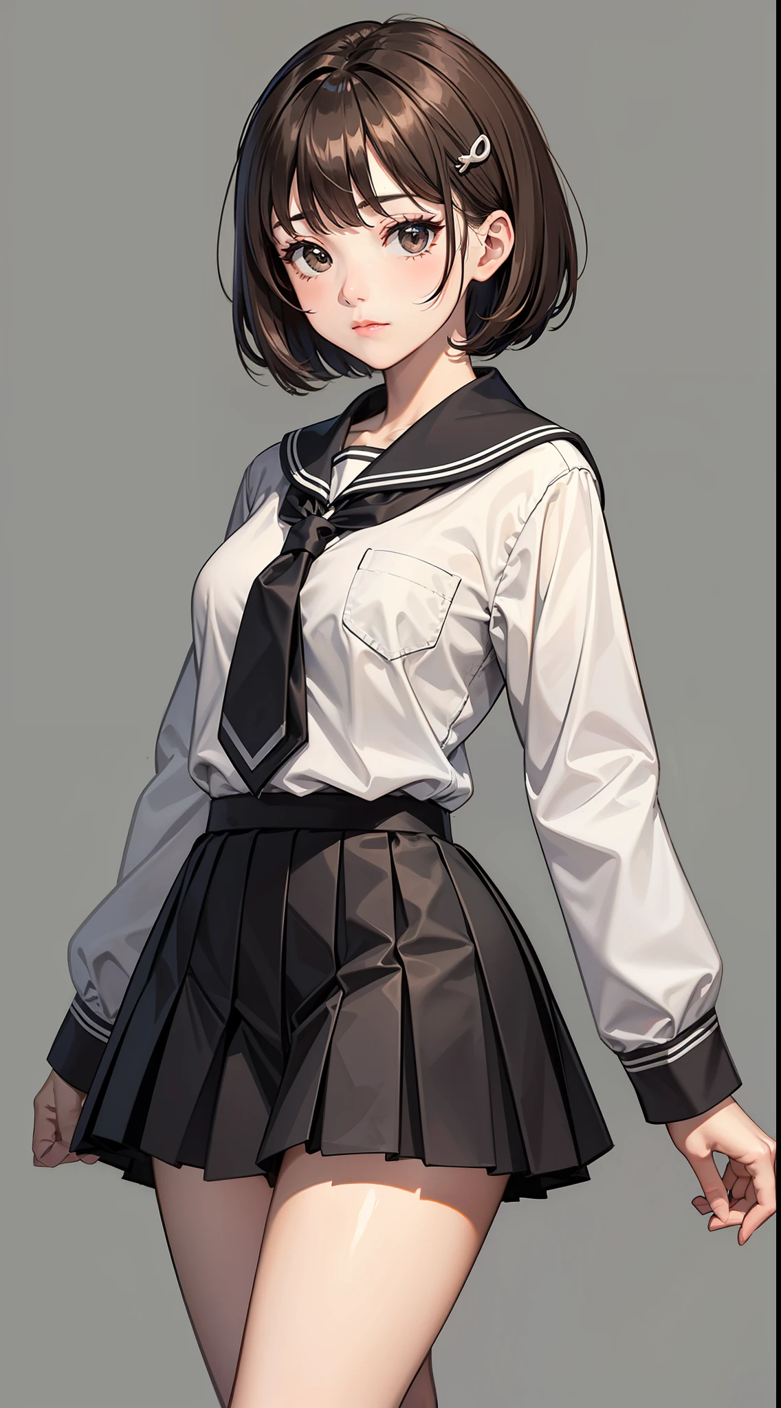 1girl, solo, grey background, hair ornament, school uniform, simple background, short hair, sleeves past fingers, pleated skirt, shirt, hairclip, bangs, black skirt, looking at viewer, white shirt, closed mouth, brown eyes, brown hair, grey hair, black sailor collar, cowboy shot, black necktie,