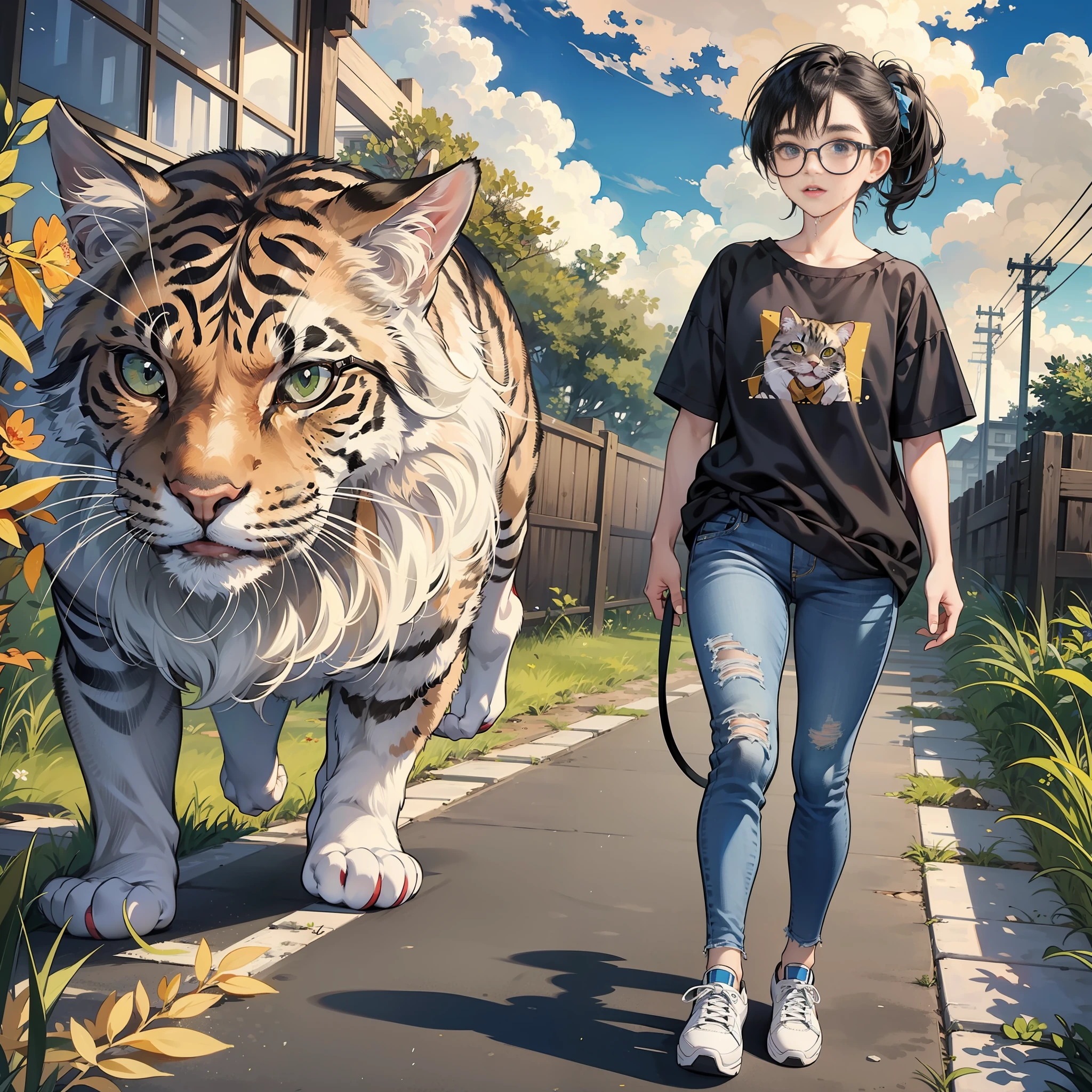 1 woman and 1 cat, {{{Giant cat},walking, {{{Short hair}}, clouds, overcast sky, outdoors, travel, sky, dusk, pleasant breeze, hilltop, planet, kagawa, seto inland sea, jeans, chest, solo, bangs, {{disheveled hair}},{{{thick eyebrows},big nose,look, big t-shirt,grey, black hair tied back,black-rimmed glasses, full body, small,{{{short stature}}}}, broad shoulders, {{{Big head}}},sun, ochre sneakers, animal, wet, blue jeans,, one hand back, {{{{Walking with a cat}, {{{Giant Cat}}, dynamic placement, dynamic angle, 8k, {{{Masterpiece}}},