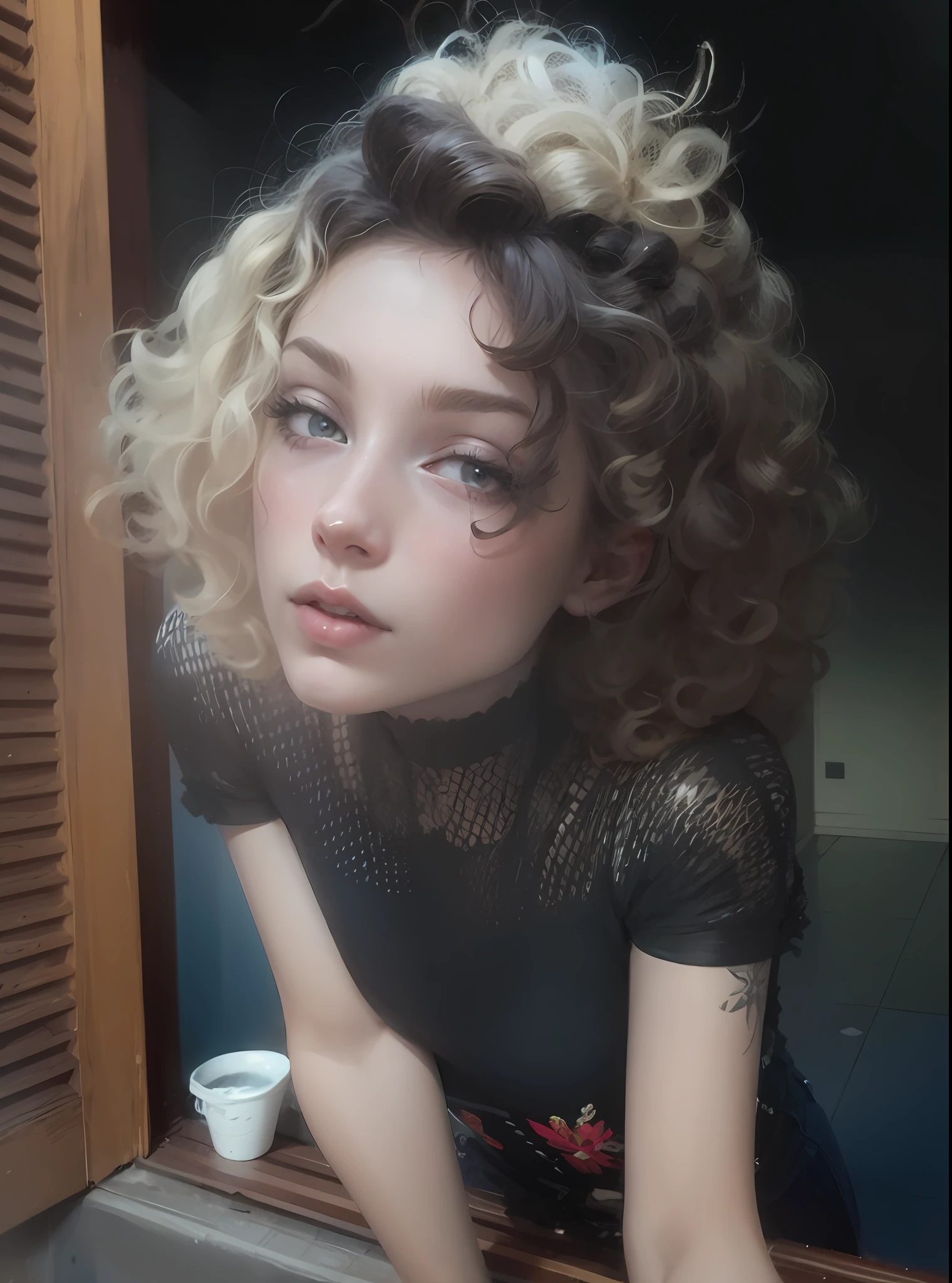 there is a woman with curly hair looking out of a window, short curly blonde haired girl, by Nándor Katona, curly blonde hair | d & d, pale skin curly blond hair, curly blond, inspired by Elsa Bleda, very very curly blond hair, messy curly hair, curls on top, around 1 9 , curly haired
