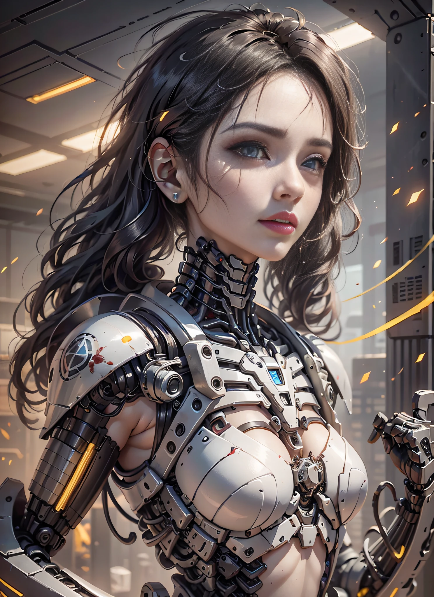 1 mechanical girl, alita combat angel, ((super realistic details)), portrait, global illumination, shadows, octane rendering, 8k, super sharp, metal, complex, ornamental detailed, cold colors, egyptian details, highly complex details, realistic light, CGsociety trends, bright eyes, facing camera, Neon details, mechanical limbs, blood vessels attached to tubes, mechanical vertebrae attached to the back, mechanical cervical vertebrae attached to the neck, Full body, purple wires and cables attached to the head, (heel socks), (red blood), (golden yellow armor, silver white), (transparent bone), provocative sexy posture, bikini white, red,