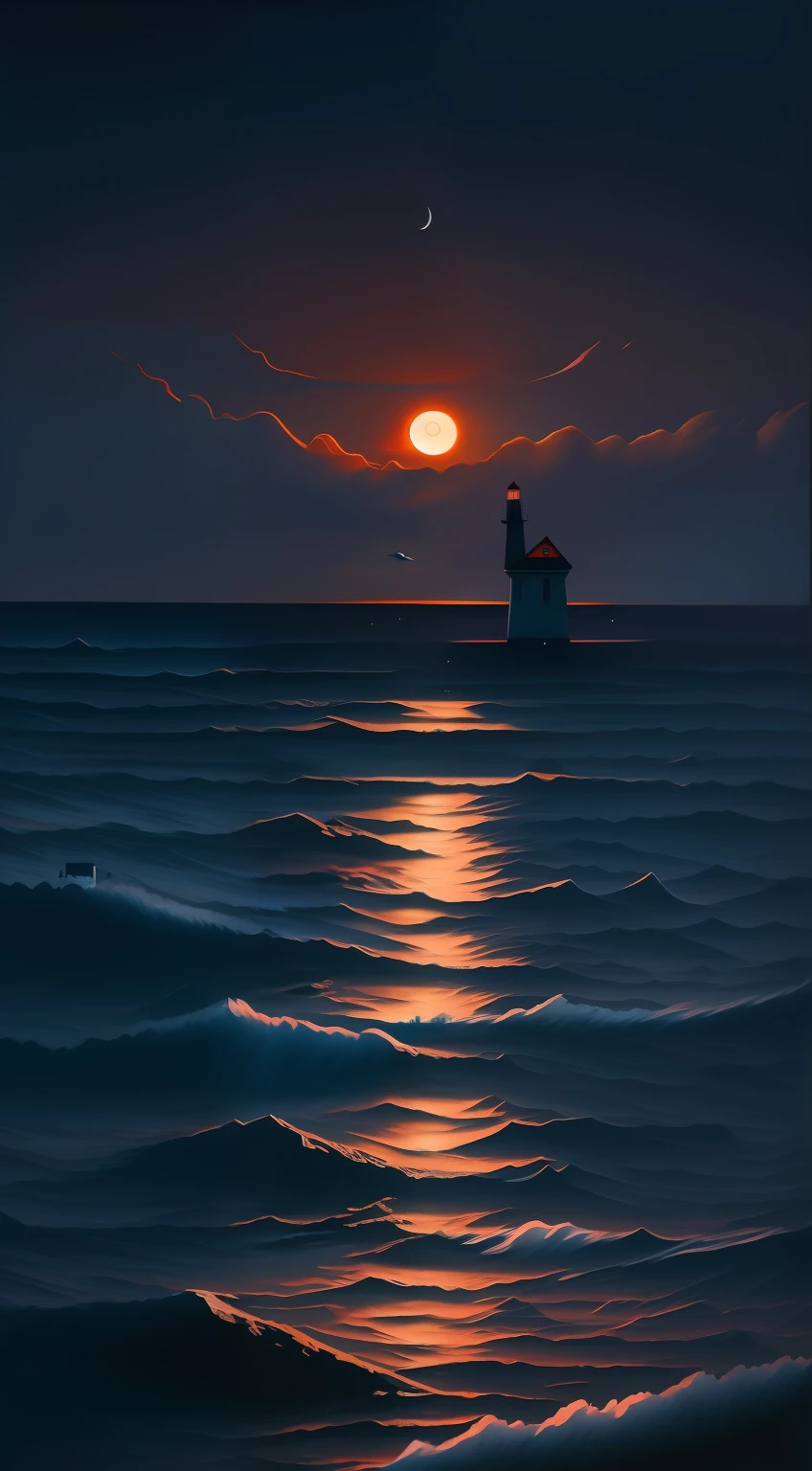 arafed view of a lighthouse in the distance with a sunset in the background, alexey egorov, by Alexander Kucharsky, red moon over stormy ocean, moonlit ocean, by Gabor Szikszai, sergey zabelin, by Alexey Venetsianov, by Artur Tarnowski, night sea