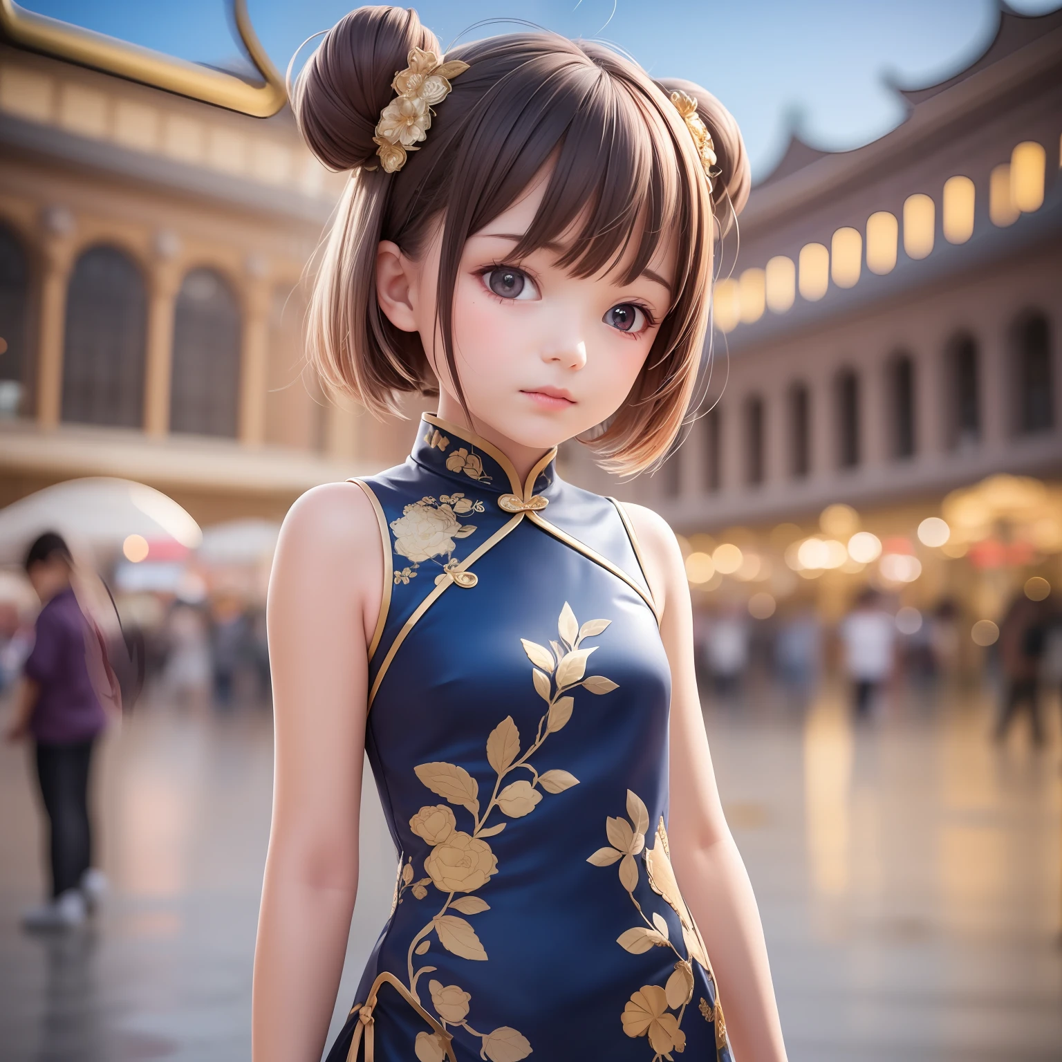 ((6year old girl:1.5)),
complete anatomy, children's body, child, super cute, girl, little girl, random poses,random angles,
cheongsam, one-piece cheongsam, bun hair, navy blue clothes with gold embroidery, gold embroidery, navy blue cheongsam, Forbidden City Square, Tiananmen Square,
beautiful girl, 1 girl,loli, petite girl, top quality, masterpiece, high eyes,drooping eyes,(realism: 1.2)), petite, bangs, tall eyes, natural light,(aquamarine eyes),
(short hair),bangs,
beautiful girl with fine details, Beautiful and delicate eyes, Beautiful girl, detailed face, Beautiful eyes, beautiful shining body,
dynamic far view shot,cinematic lighting, perfect composition, by sumic.mic, ultra detailed, official art, masterpiece, (best quality:1.3), reflections, extremely detailed cg unity 8k wallpaper, detailed background, masterpiece, best quality, (masterpiece), (best quality:1.4), (ultra highres:1.2), (hyperrealistic:1.4), (photorealistic:1.2), best quality,