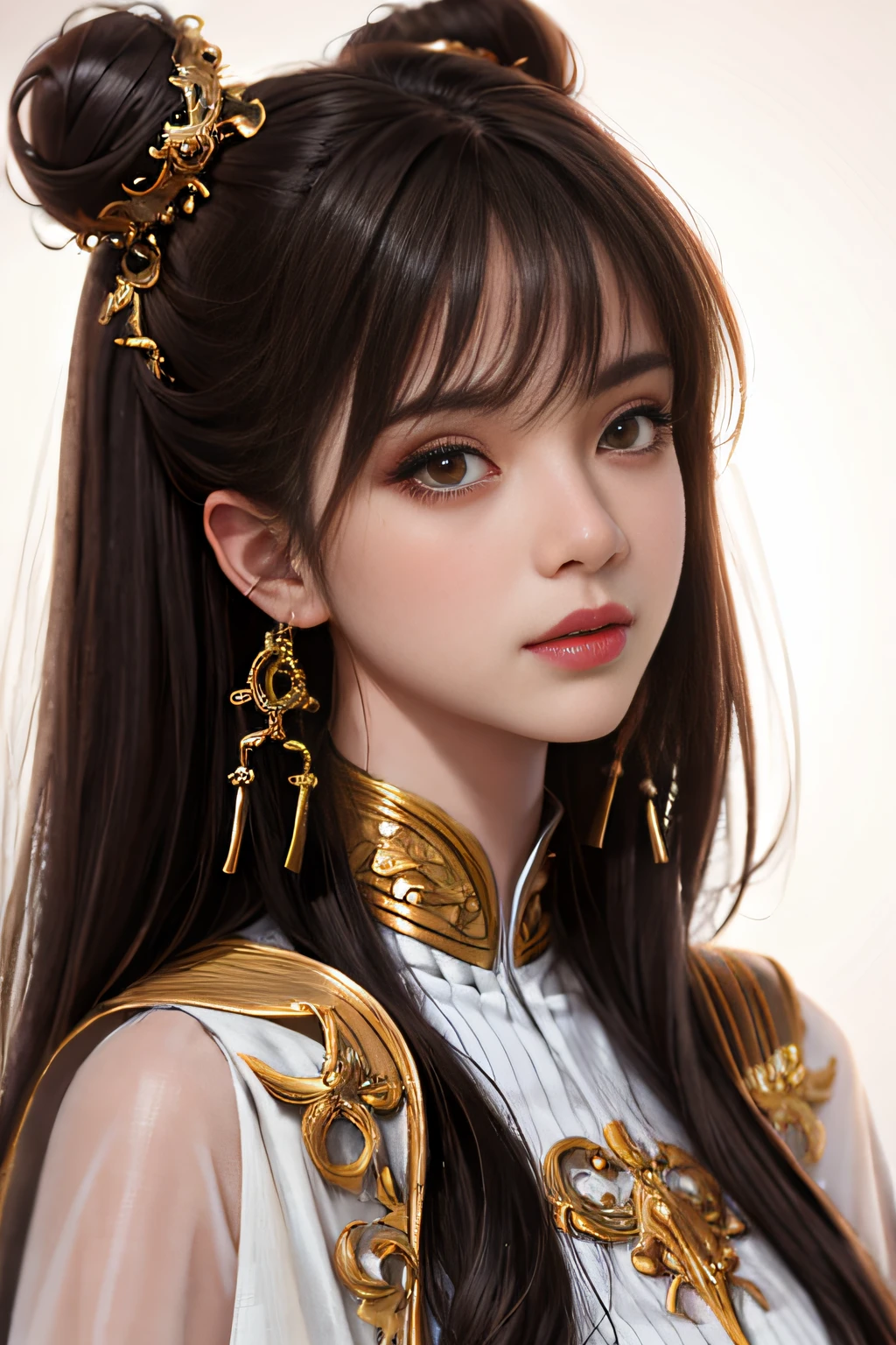 Masterpiece, Best Quality, High Quality, High Definition, High Quality Texture, High Quality Shadows, High Detail, Cinematic Light, Side Lighting, Ray Tracing, Sharp Focus, (1 Girl), (Full Body), (Xiu Xian World), Chinese Xian Xia, (Ancient Chinese Long Dress, Embroidered Cape, Streamers, Tulle, Tassels, Gold Filigree, Beaded, Pleated Skirt), Brunette Hairpin, Coiled Hair, Bun, Light Pink Lips, Calm, Intellectual, Brown Eyes, Delicate Face, Face Close-up, Realistic, Edge Light, Two-tone Light, (High Detail Skin:1.2), 8K UHD, SLR, soft light, high quality, high resolution,