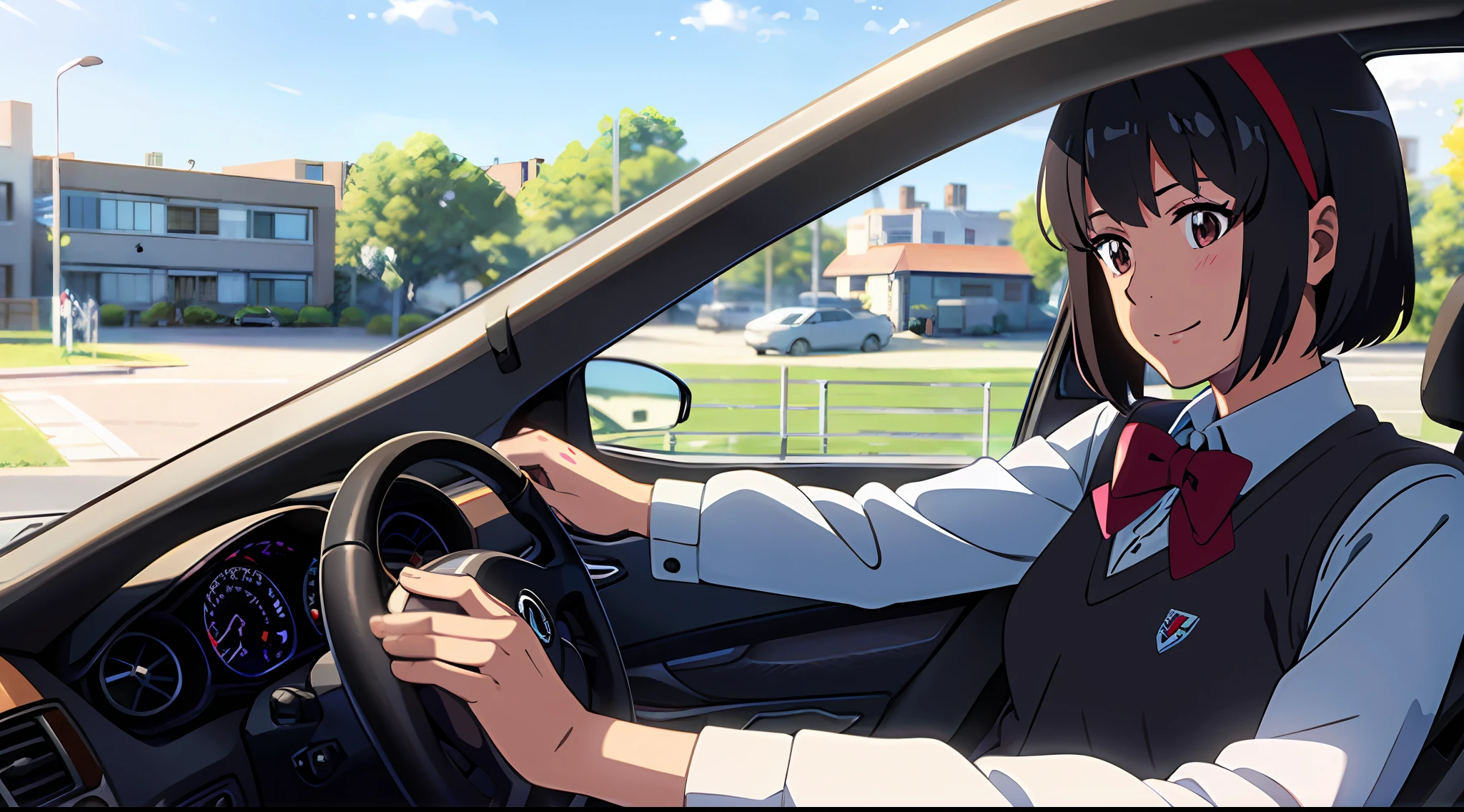 Best image quality, outstanding detail, super high resolution, (realism: 1.5), best illustration, prefer details, masterpiece, shinkai makoto, kimi no na wa., 1girl, bangs, black hair, blush, bow, bow, brown eyes, collared shirt, headband, headband, red bow, red bow, red headband, red ribbon, Ribbon, school uniform, shirt, short hair, sky, smile, solo, sweater vest, upper body, vest, white shirt, black sweater vest, black vest, driving a car, city, town, residence, holding steering wheel, Sitting in the driver's seat while driving a car, happy, excited, shoulders visible