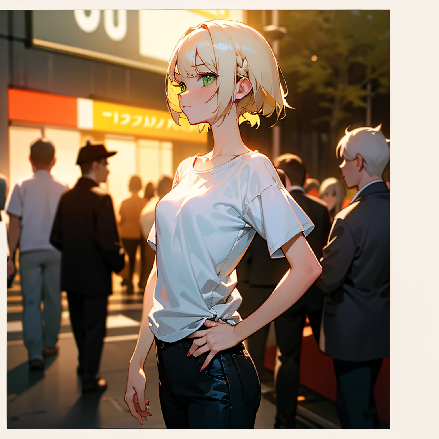 masterpiece, best quality, nsfw, 1girl, platinum blonde hair, short hair, green eyes, braids, small perky breasts, on the street, night, neon light, white t-shirt, braless, black pants, poker face, front view, standing, in crowd, --auto