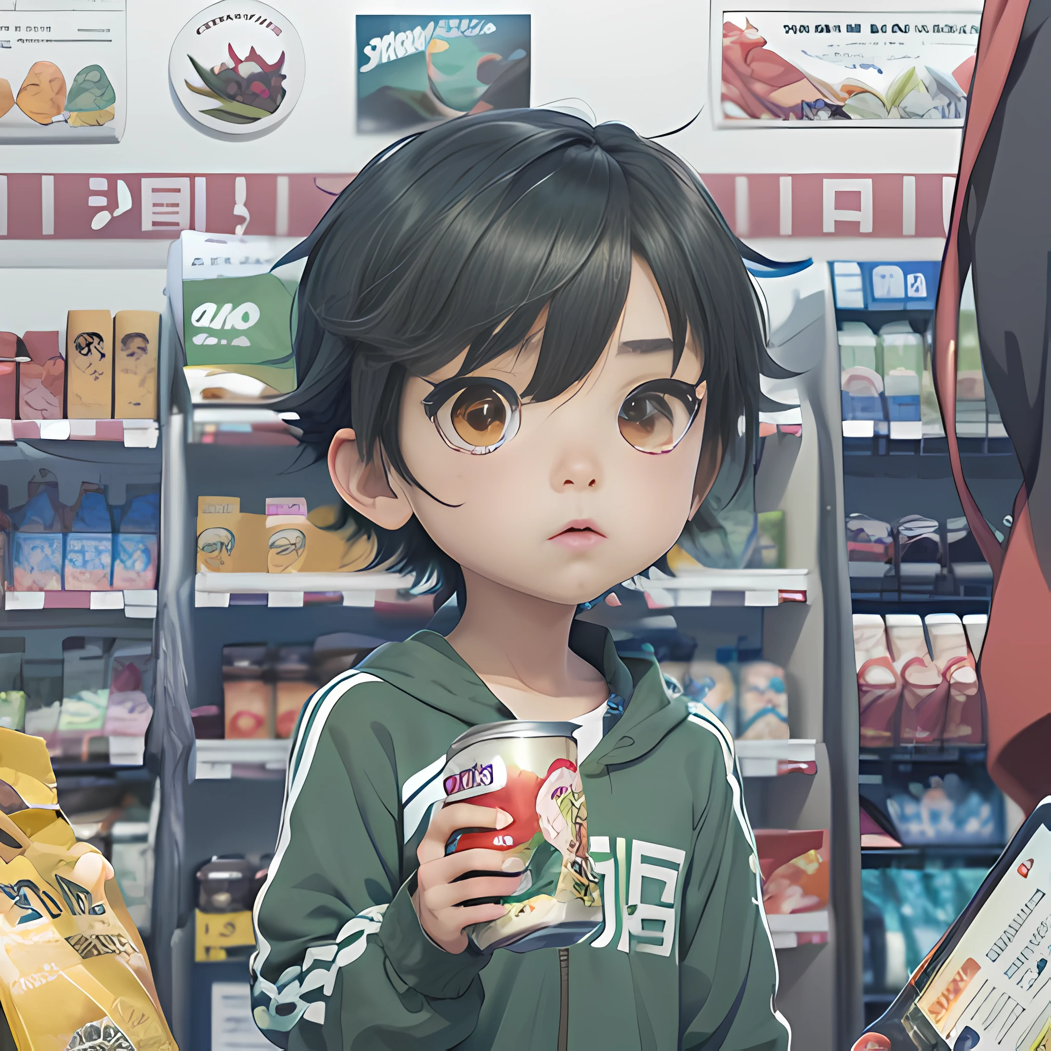 Anime boy holding a can of brownish yellow ancient osmanthus liquor, in grocery store, convenience store, anime boy drinking energy drinks, realistic anime 3 D style, Guvez style artwork, detailed digital anime art, digital anime illustration, anime style, anime style 4 K, anime boy, guviz, young anime people, smooth anime