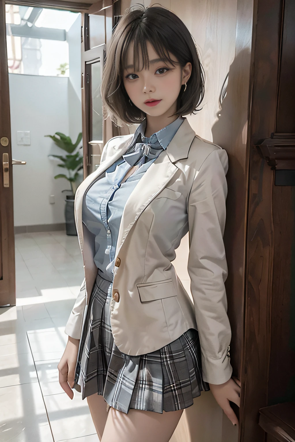 Best image quality, RAW photo, ultra-high resolution, taken from the side, gentle smile, 16-year-old Korean, very big breasts, fair skin, shiny white skin, short bob, bright silver hair, bright gray hair, neatly aligned bangs, blazer, tie, ribbon, school uniform, collared shirt, plaid skirt, beautiful eyes, beautiful eyes of random colors, very thin lips, beautiful eyes with details, elongated eyes, pale pink blush, long eyelashes, beautiful double eyelids, eyeshadow, beautiful thin legs, beautiful constrictions, earrings, necklaces, leaning against the wall of school, hallway, corridor