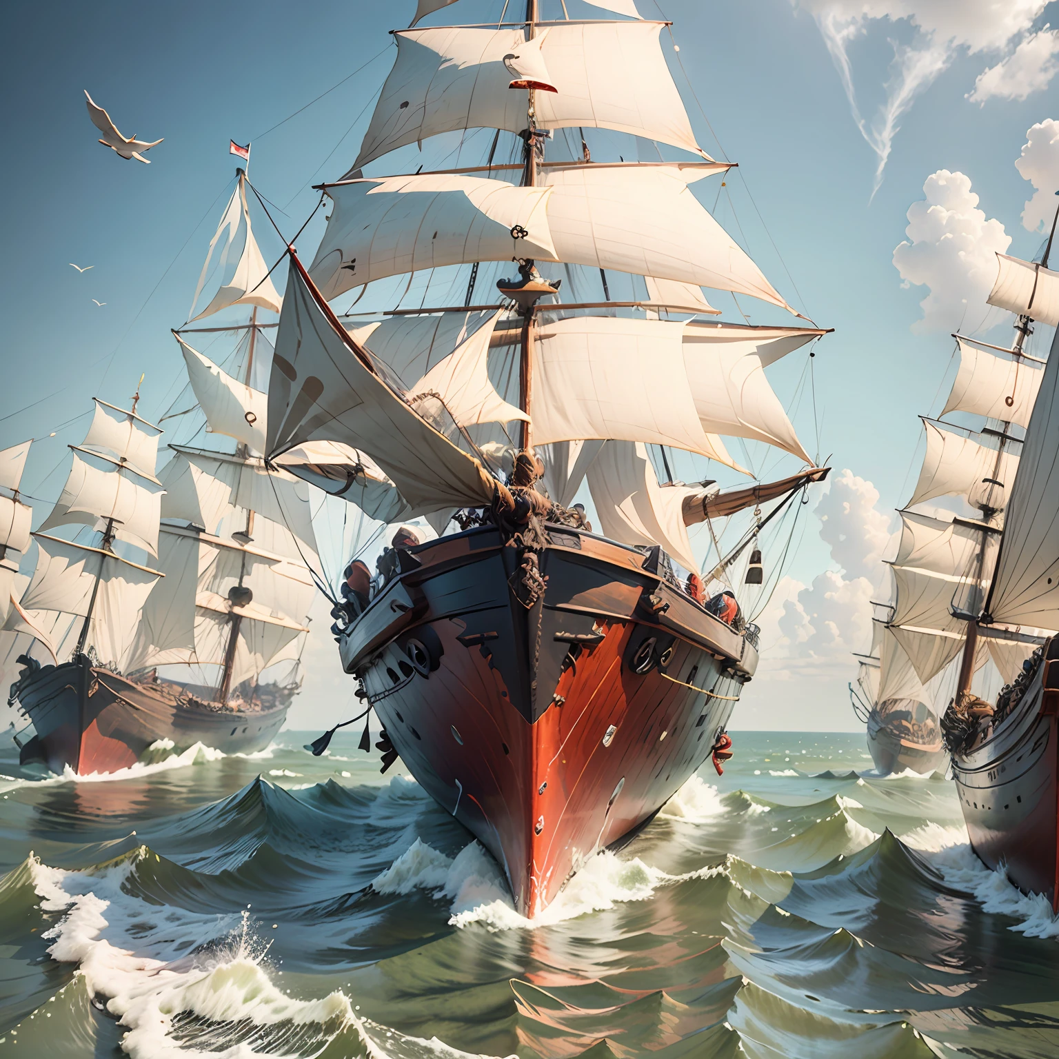 A wooden sailing ship coming from the front, a wooden ship in ancient China, and an oncoming wooden boat
