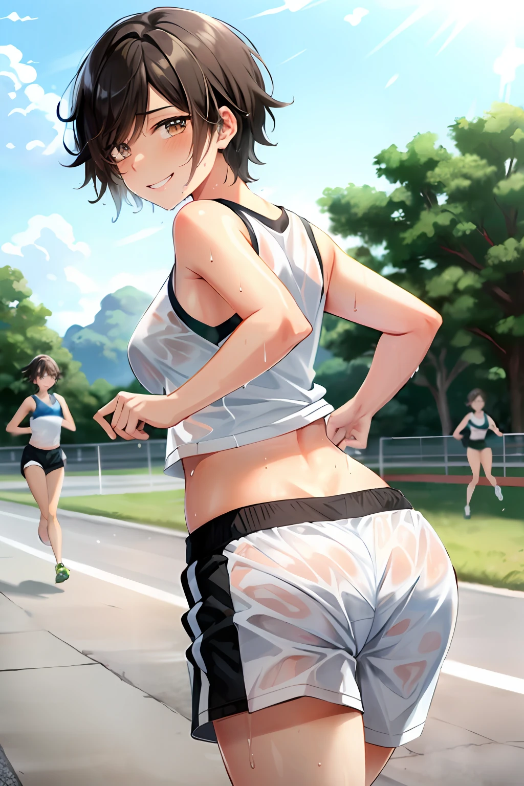 masterpiece, sweat, soaked, black hair, short hair, brown eyes, best quality, hi-res, solo, short hair,look at the viewer, wicked smile, ass facing you, running action and elegance, white gymnastics shorts, white hot pants, wet pants, white running shirt, wet shirt, sleeveless, big, park, outdoor